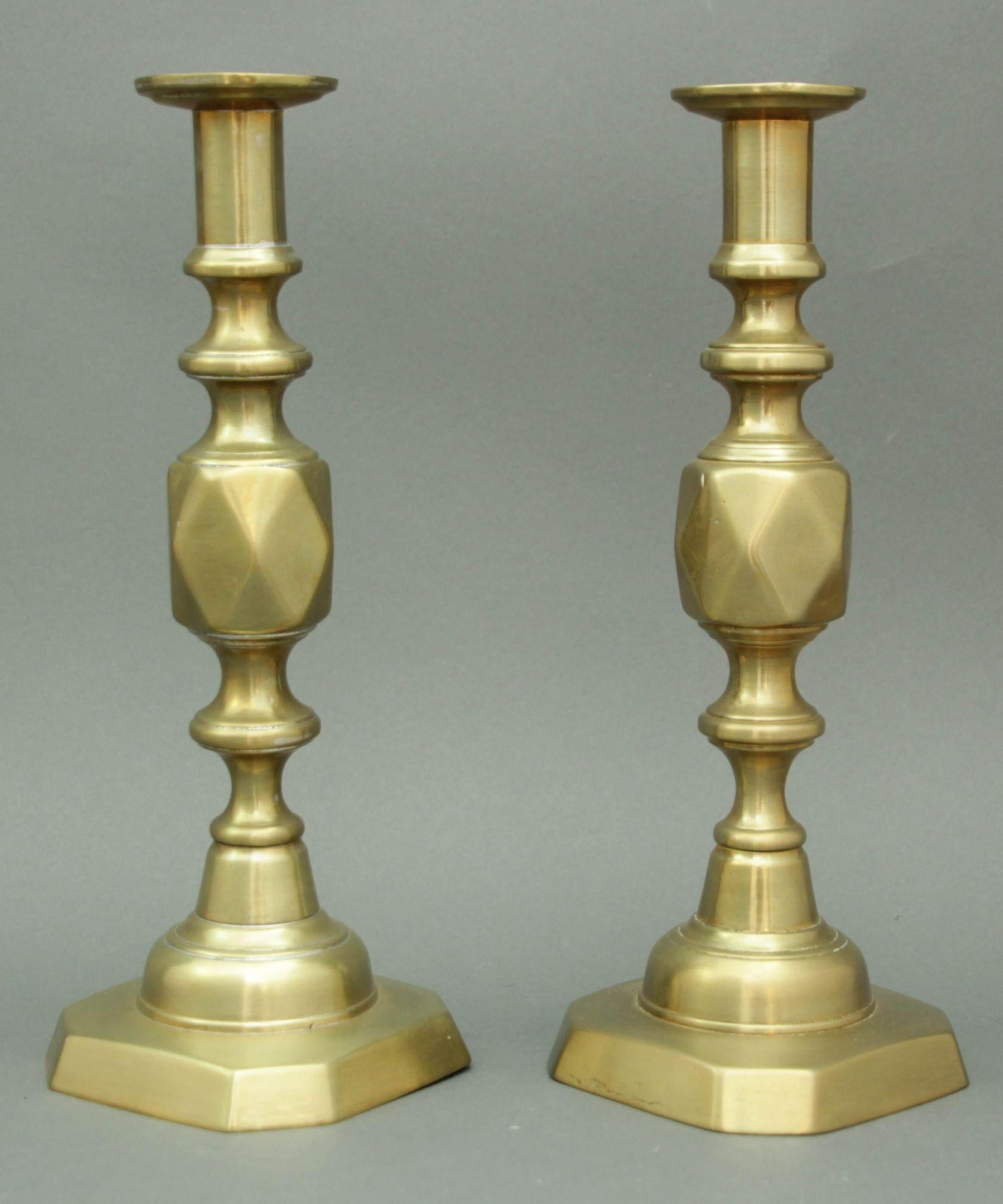 Victorian Antique English Brass Diamond Jubilee Ace of Diamonds Candlesticks A Pair 1890 For Sale