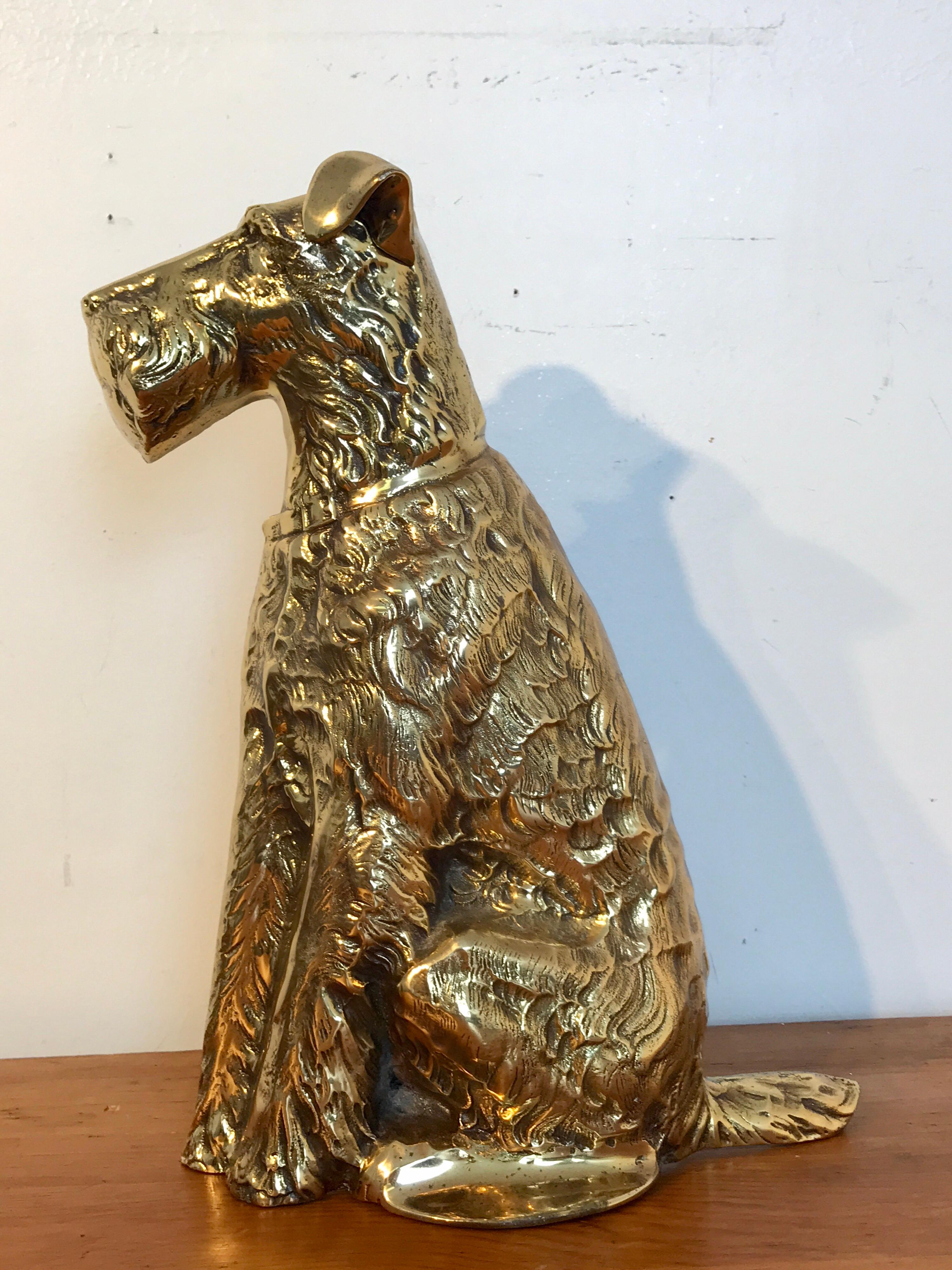Sporting Art Antique English Brass Doorstop of a Seated Terrier