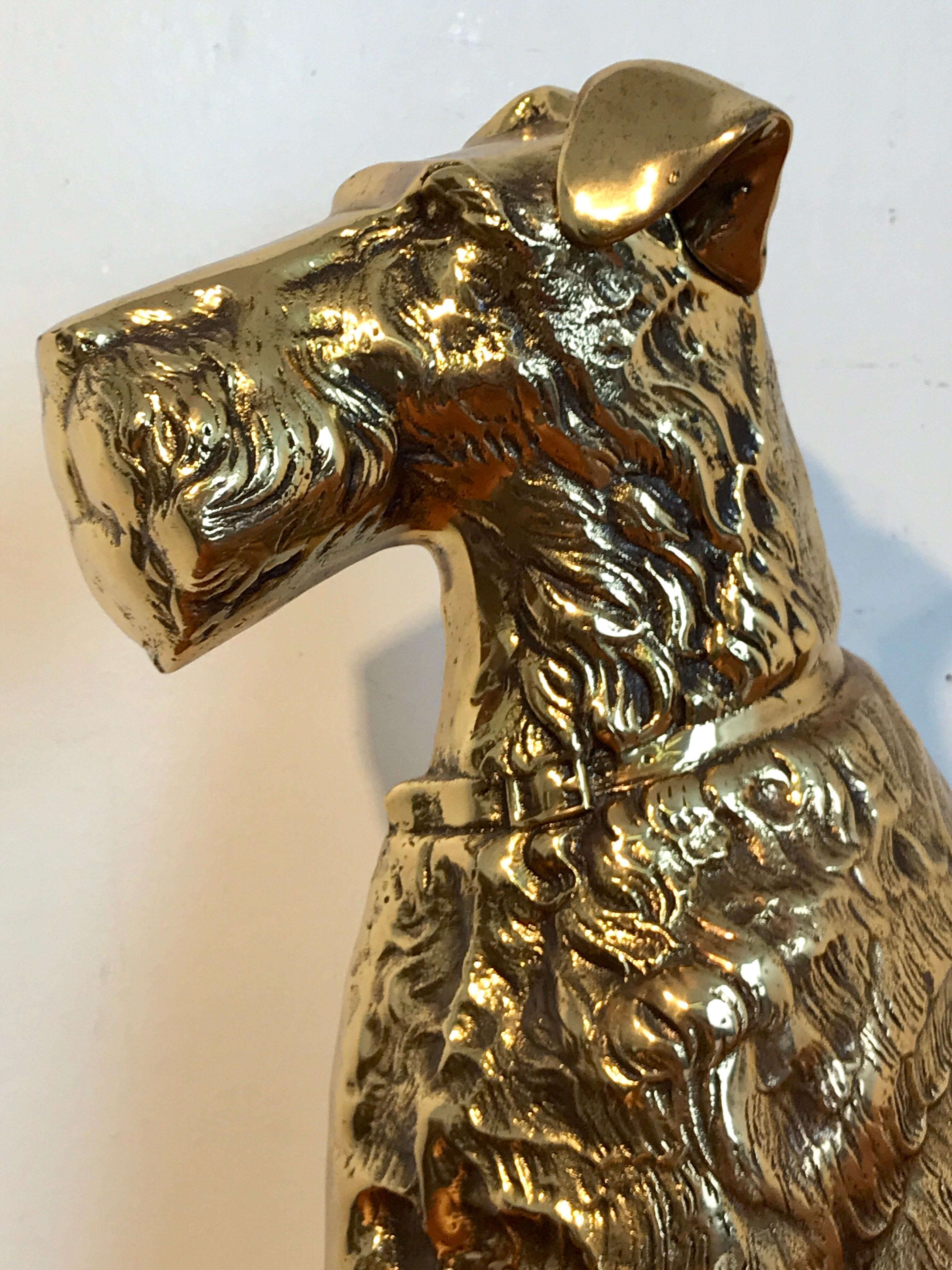 Cast Antique English Brass Doorstop of a Seated Terrier