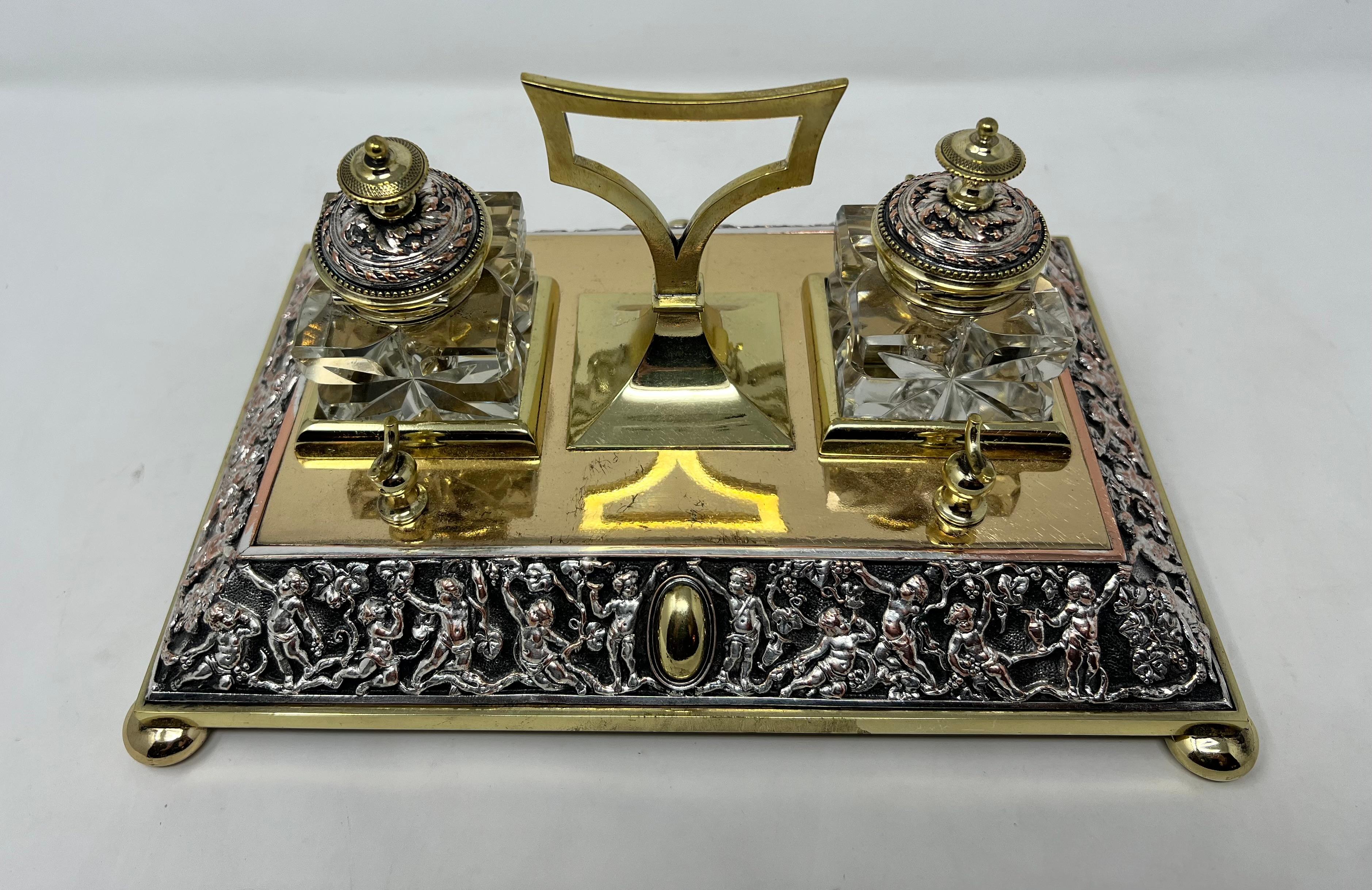 Antique English brass double inkwell stand circa 1880.
