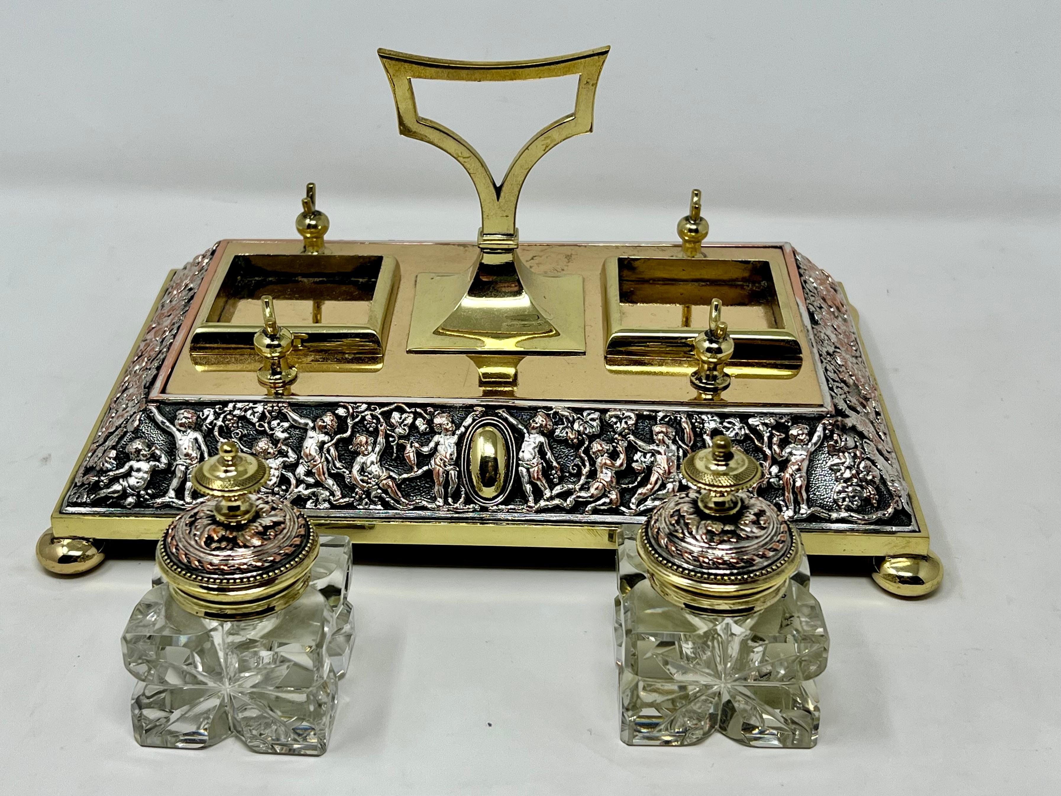 19th Century Antique English Brass Double Ink Stand, circa 1880 For Sale