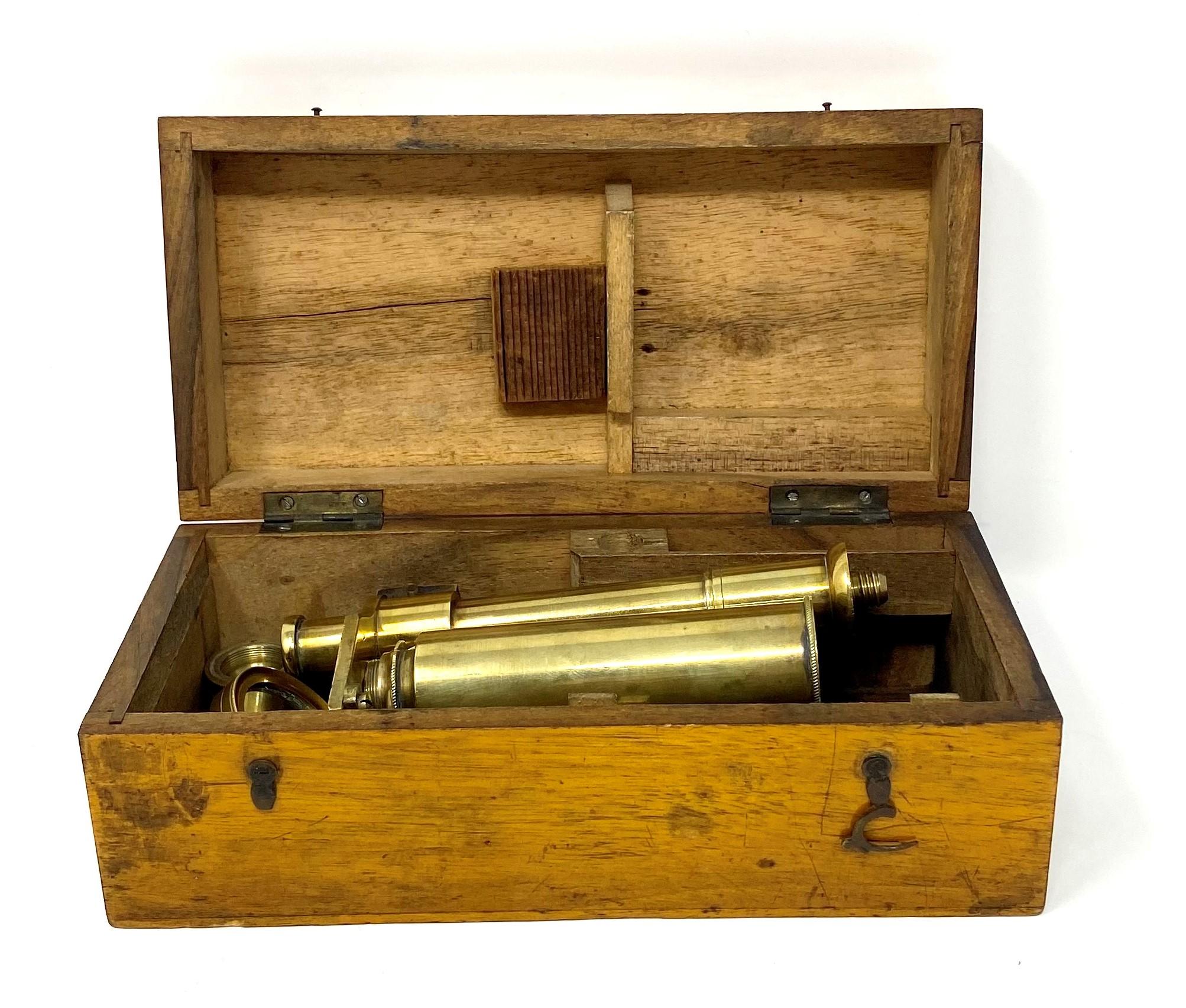 Rare antique English brass field microscope in original case, circa 1890-1900.