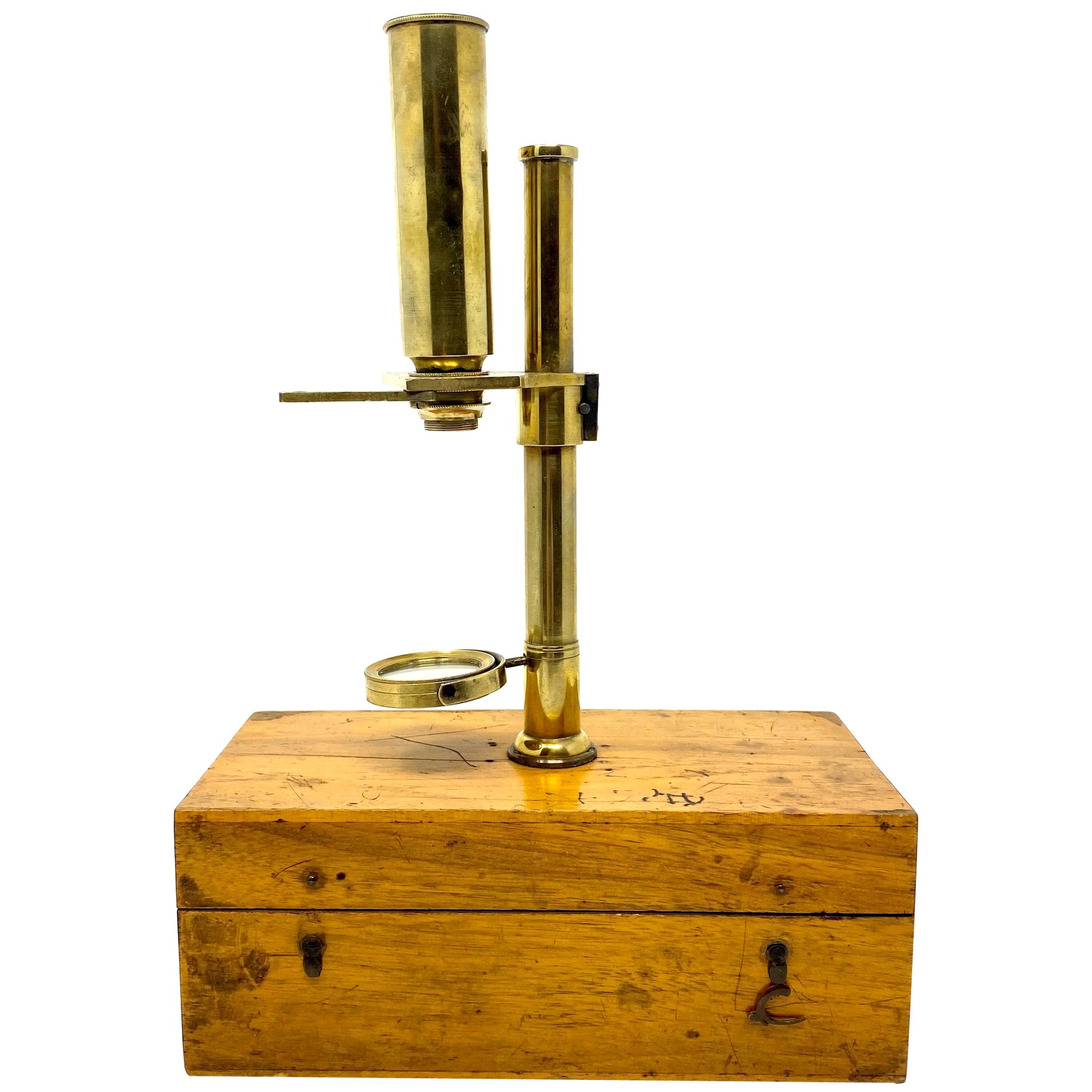 Antique English Brass Field Microscope in Original Case, circa 1890-1900
