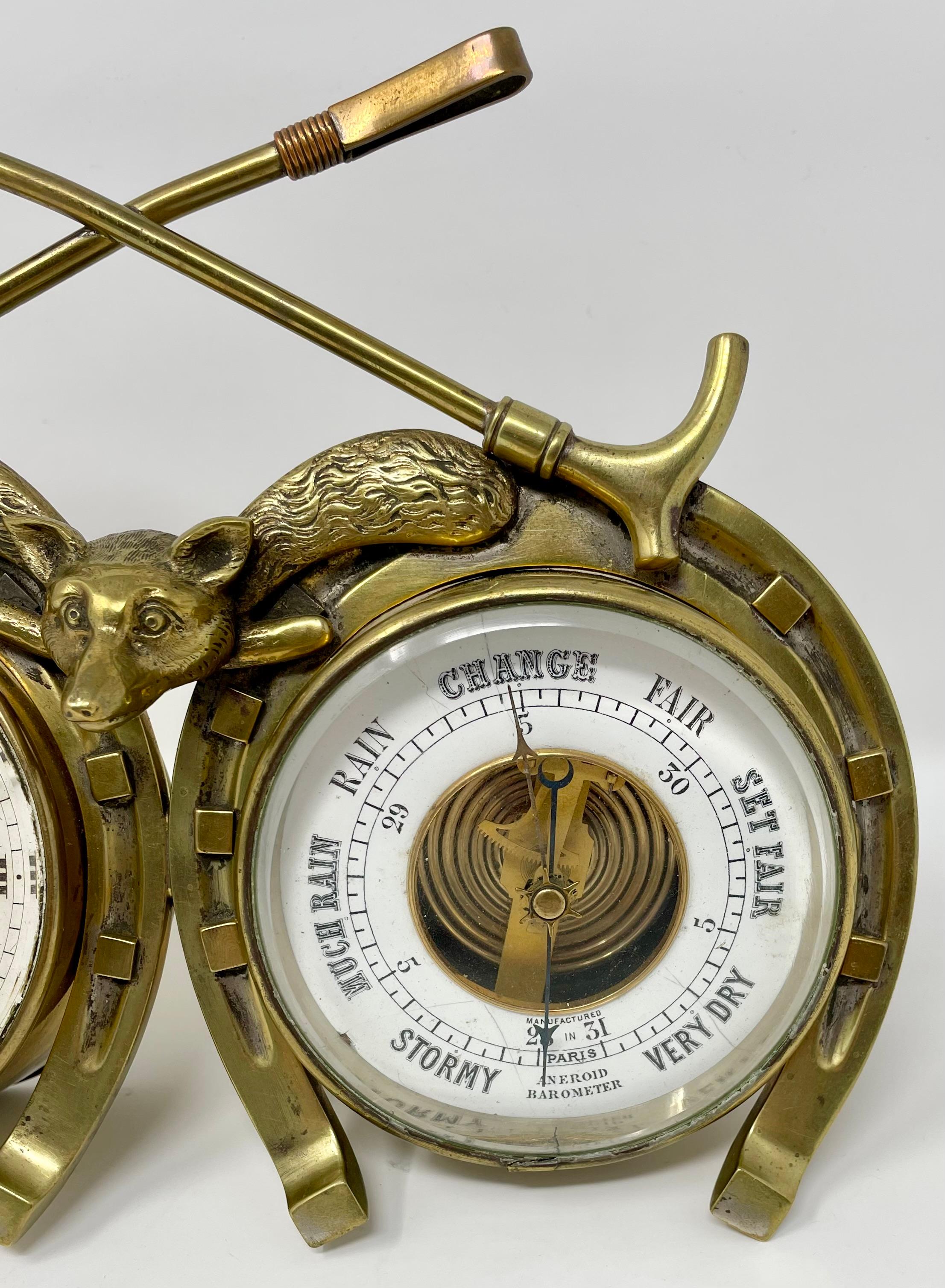Antike englische Fuchs- Jagduhr und Barometer aus Messing, um 1900. im Angebot 1
