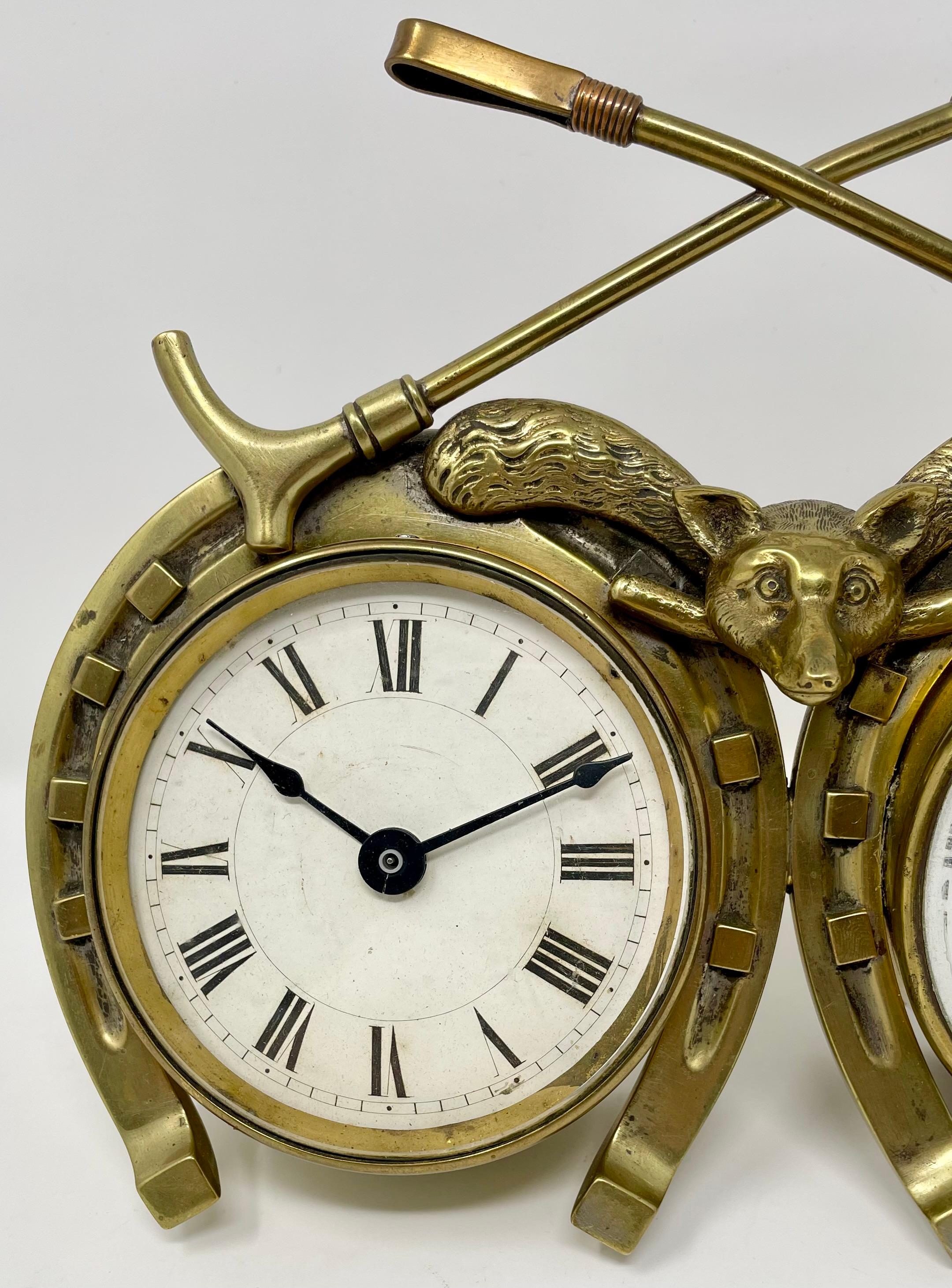 Antique English Brass Fox Hunt Clock & Barometer, Circa 1900. For Sale 3