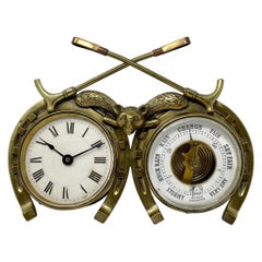 Antique English Brass Fox Hunt Clock & Barometer, Circa 1900.