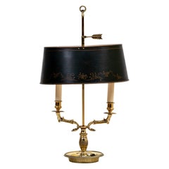 Antike englische Bouillotte-Lampe aus Messing mit grünem Zinn