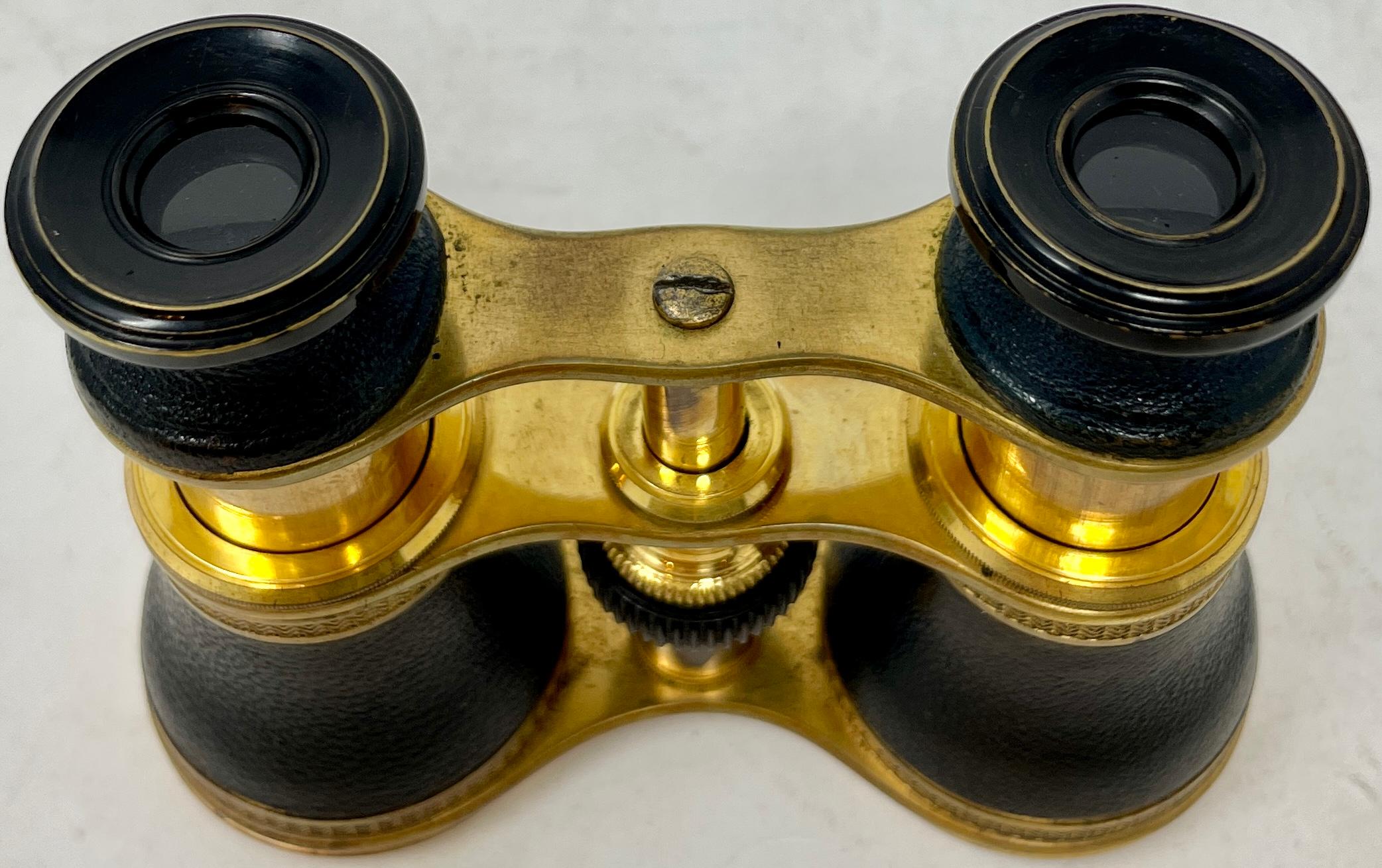20th Century Antique English Brass & Leather Telescoping Binoculars in Original Case, Ca 1900
