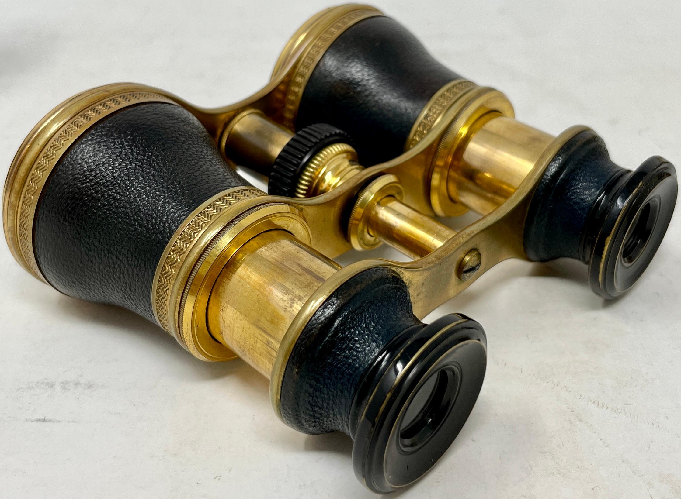 Antique English Brass & Leather Telescoping Binoculars in Original Case, Ca 1900 2