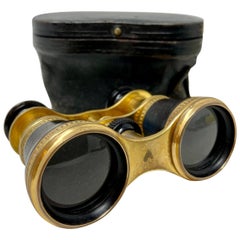 Antique English Brass & Leather Telescoping Binoculars in Original Case, Ca 1900