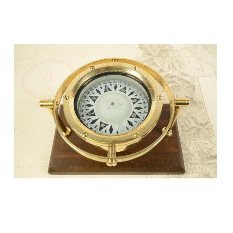 British Antique English Brass Magnetic Nautical Compass Mounted on Wooden Board, 1930s