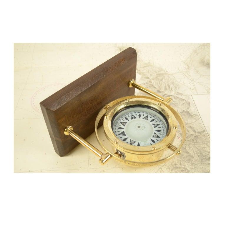 Antique English Brass Magnetic Nautical Compass Mounted on Wooden Board, 1930s 1