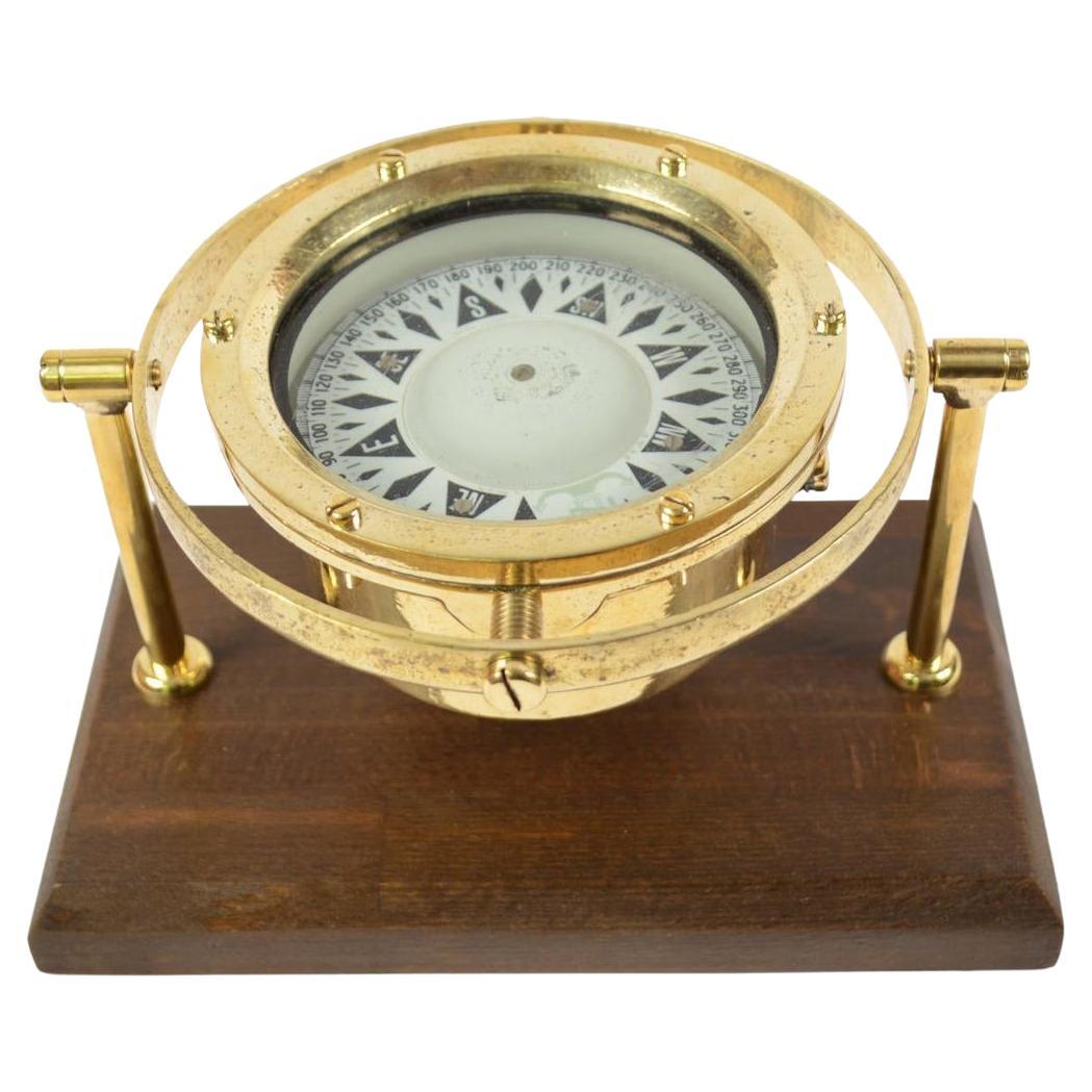 Antique English Brass Magnetic Nautical Compass Mounted on Wooden Board, 1930s