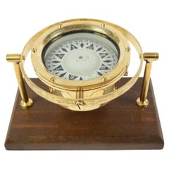 Antique English Brass Magnetic Nautical Compass Mounted on Wooden Board, 1930s