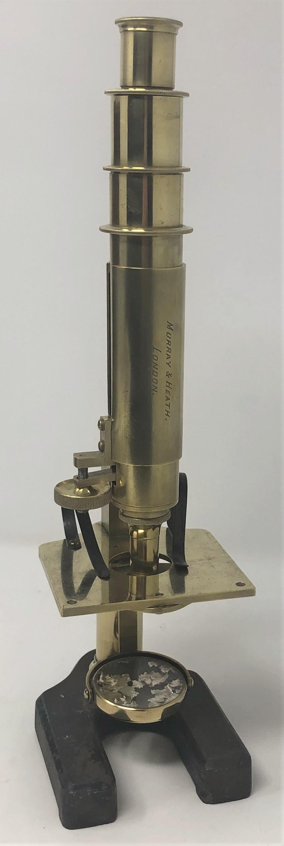 Antique English brass monocular microscope in original case signed R & J Beck London, circa 1890-1900.