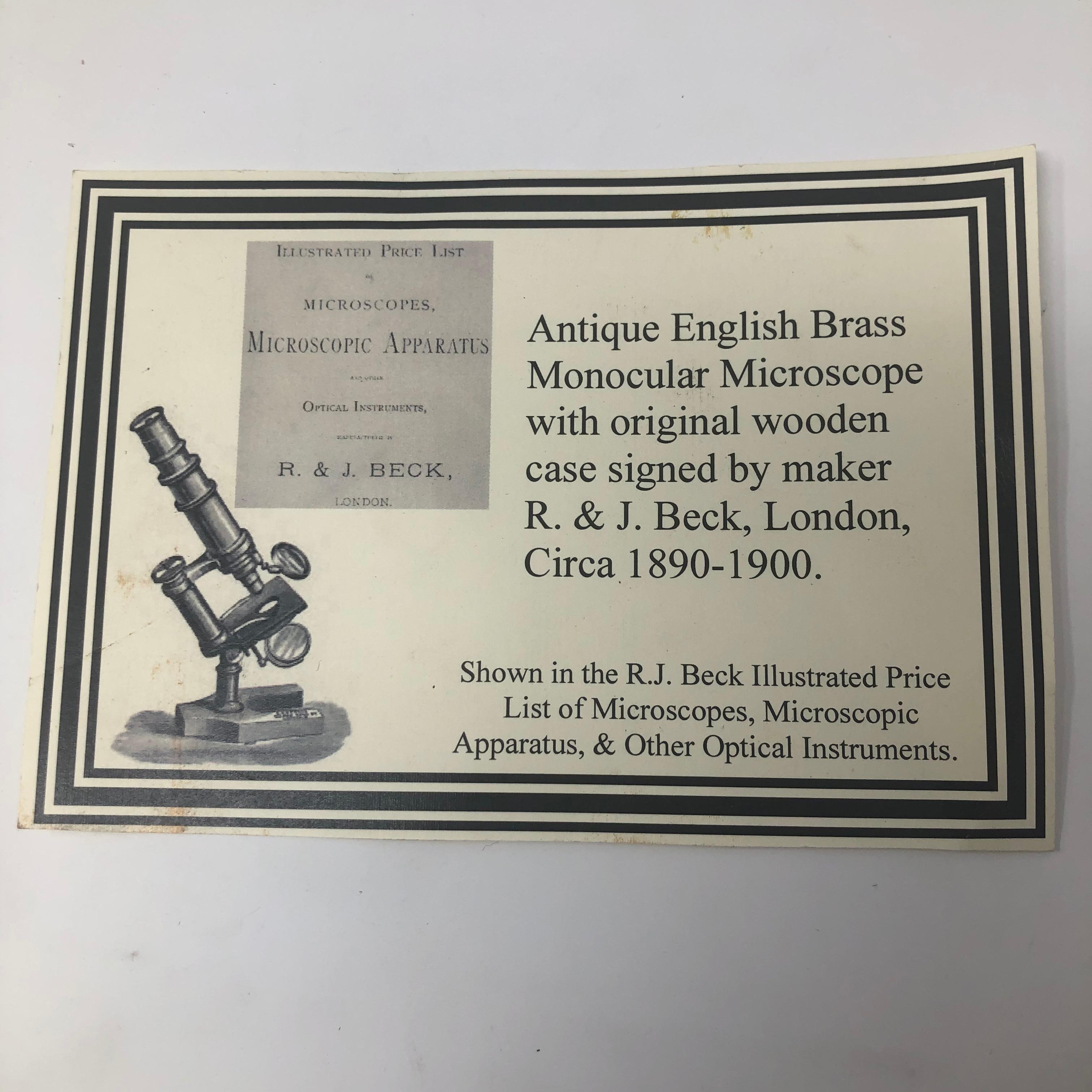 19th Century Antique English Brass Monocular Microscope Signed R&J Beck London, 1890-1900