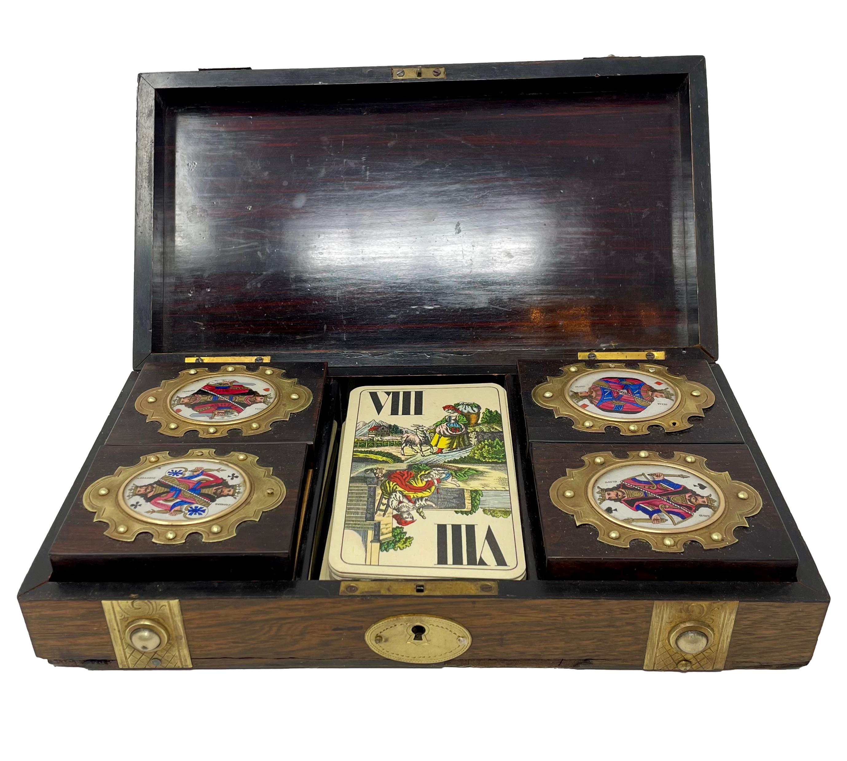 19th Century Antique English Brass Mounted Games Set Box Inset with Colorful Enamels, Ca 1890 For Sale