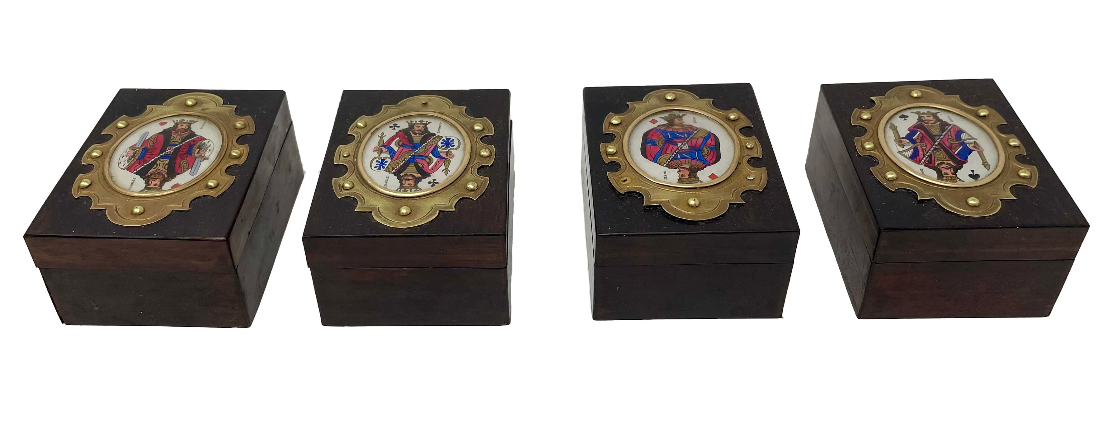 Antique English Brass Mounted Games Set Box Inset with Colorful Enamels, Ca 1890 For Sale 1