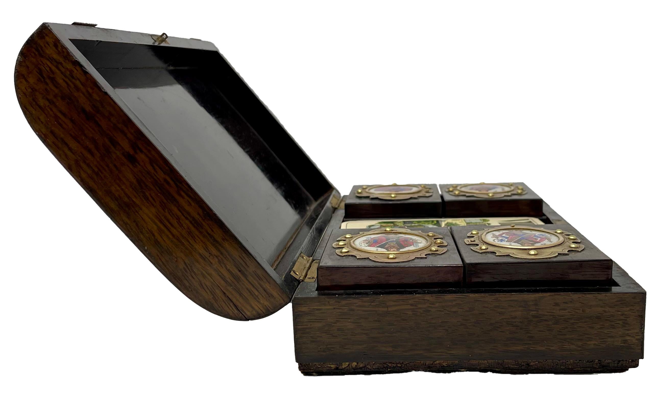 Antique English Brass Mounted Games Set Box Inset with Colorful Enamels, Ca 1890 For Sale 3