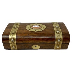 Antique English Brass Mounted Games Set Box Inset with Colorful Enamels, Ca 1890