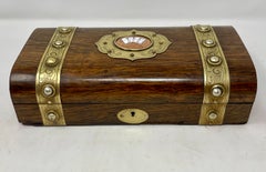 Antique English Brass Mounted Games Set Box Inset with Colorful Enamels, Ca 1890