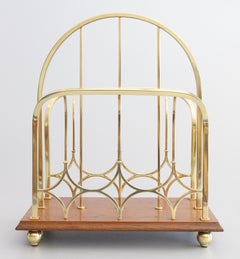 Antique English Brass & Oak Magazine Rack, circa 1920