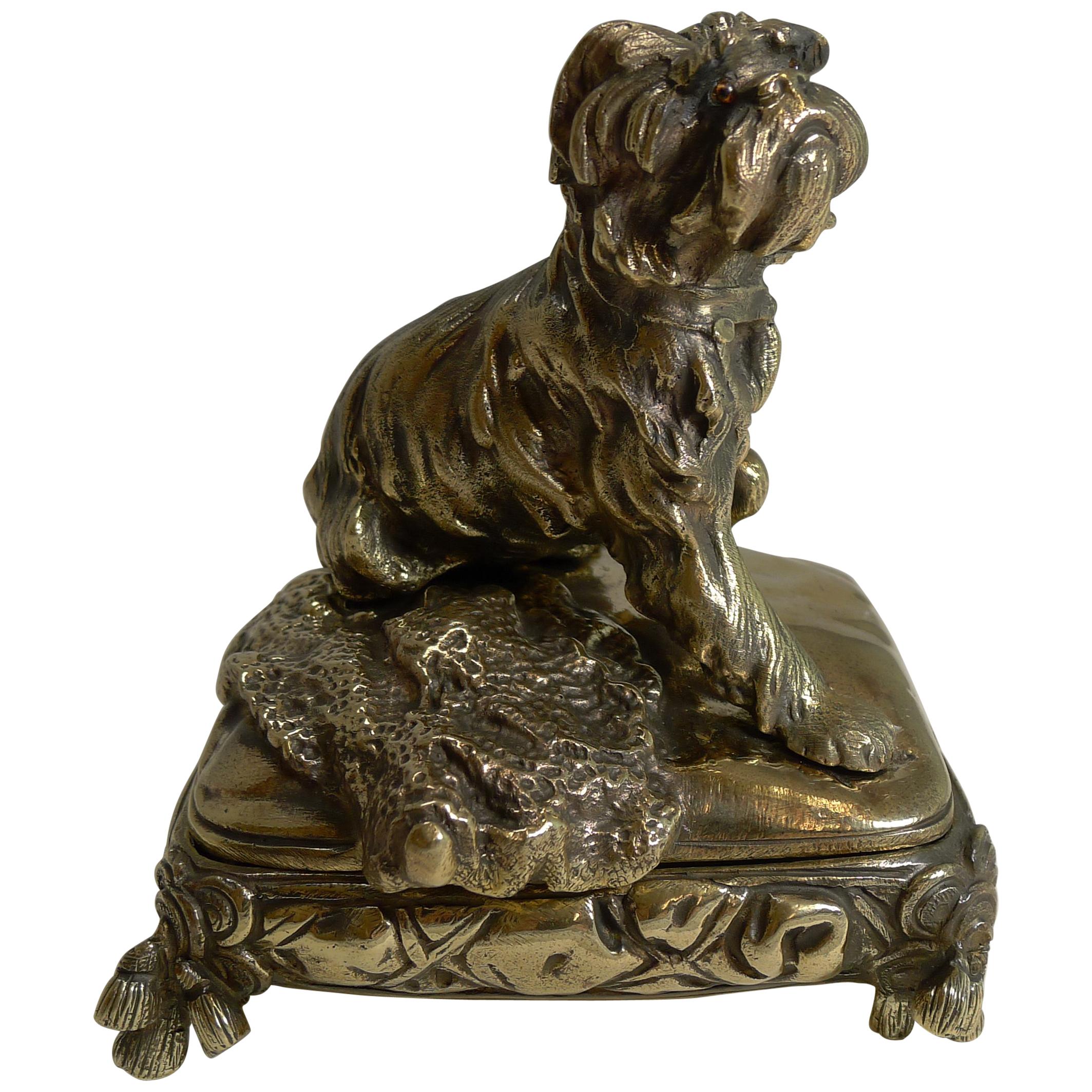 Antique English Brass or Bronze Dog Jewelry Box, circa 1880