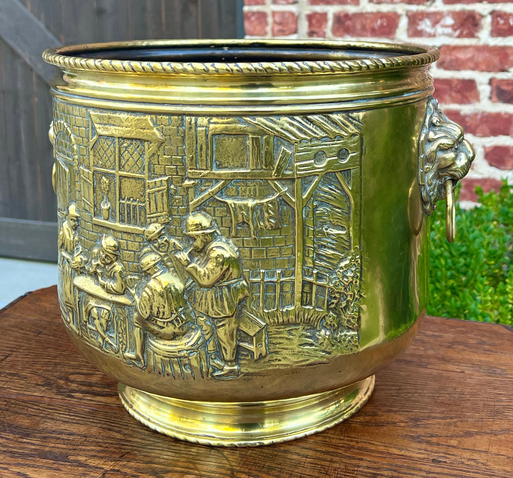 Antique English Brass Planter Lion Heads Flowerpot Pub Scenes c.1930 For Sale 1