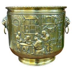 Used English Brass Planter Lion Heads Flowerpot Pub Scenes c.1930