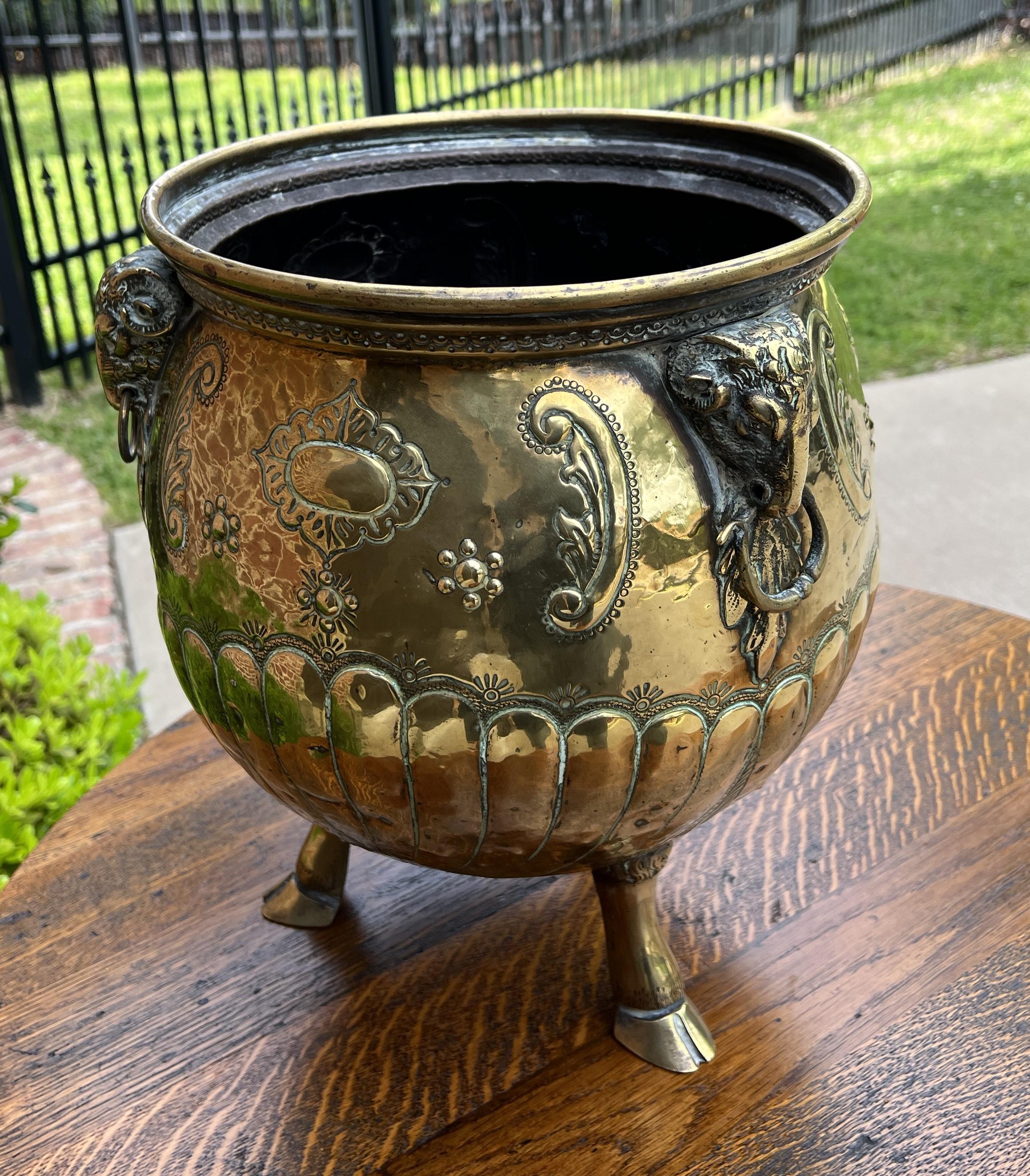 Antique English Brass Planter Rams Heads Hoof Feet Flower Pot Hand Seamed C.1900 In Good Condition In Tyler, TX