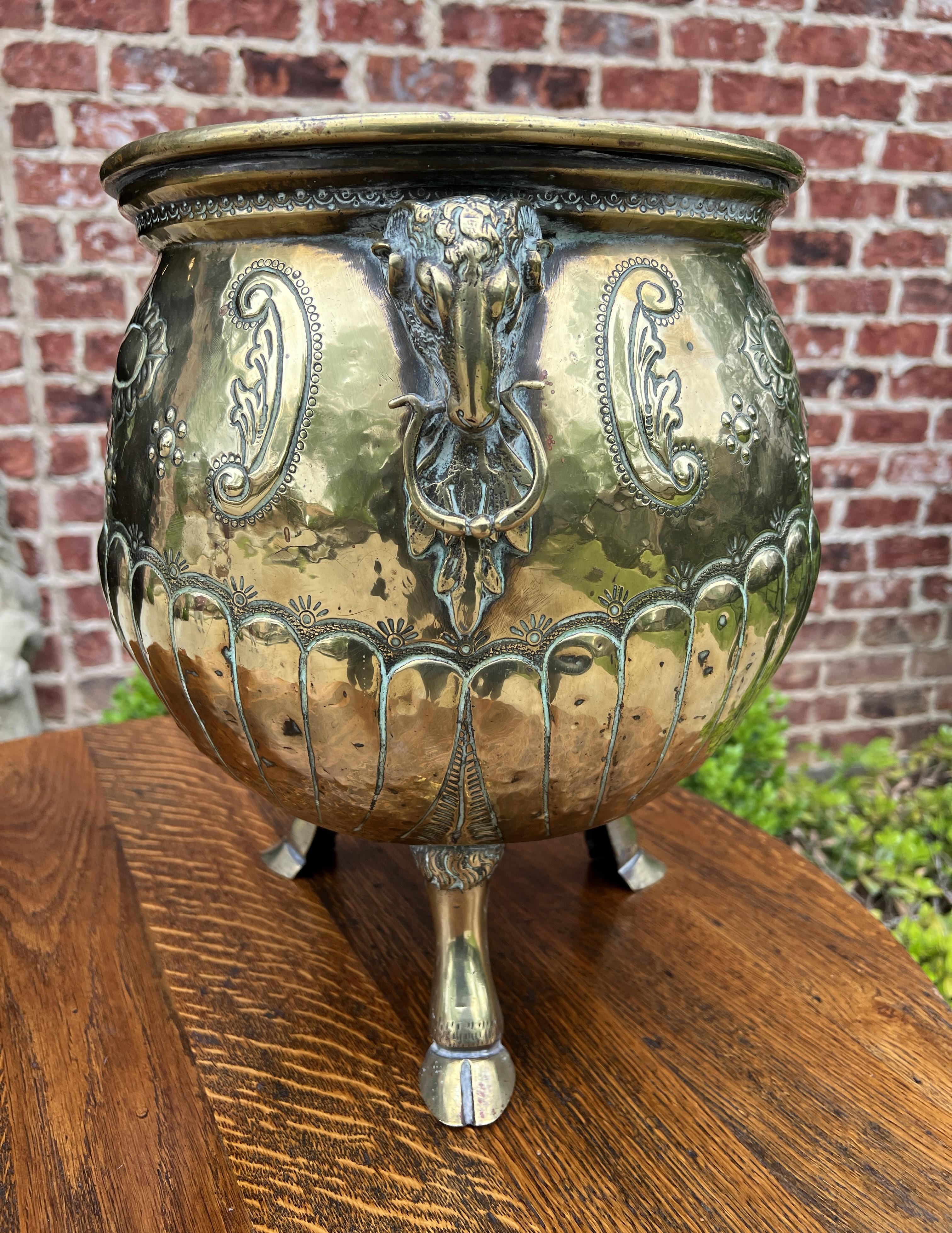 Antique English Brass Planter Rams Heads Hoof Feet Flower Pot Hand Seamed C.1900 3