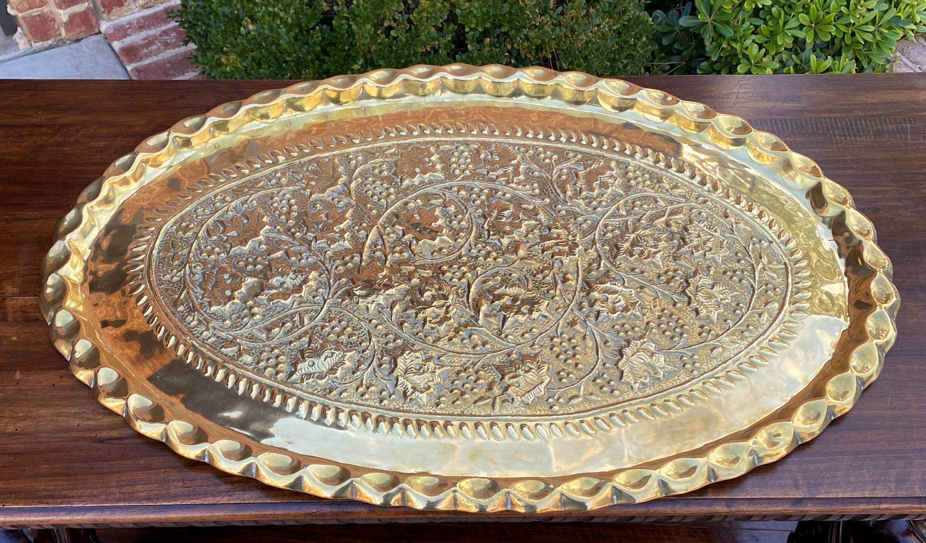 Antique English Brass Serving Tray Platter Oval Grape Leaves Hanging 1930s For Sale 8