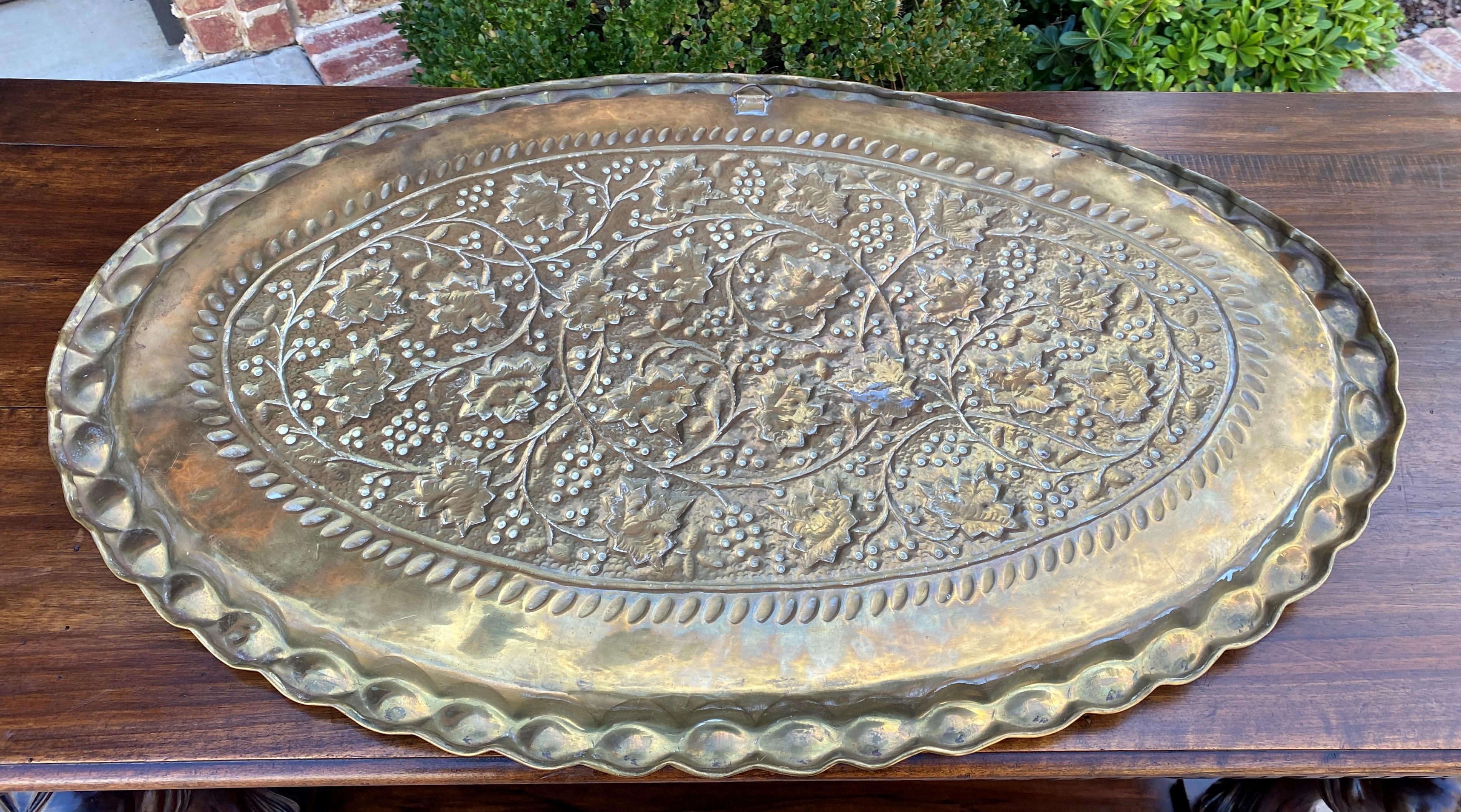 Antique English Brass Serving Tray Platter Oval Grape Leaves Hanging 1930s For Sale 10