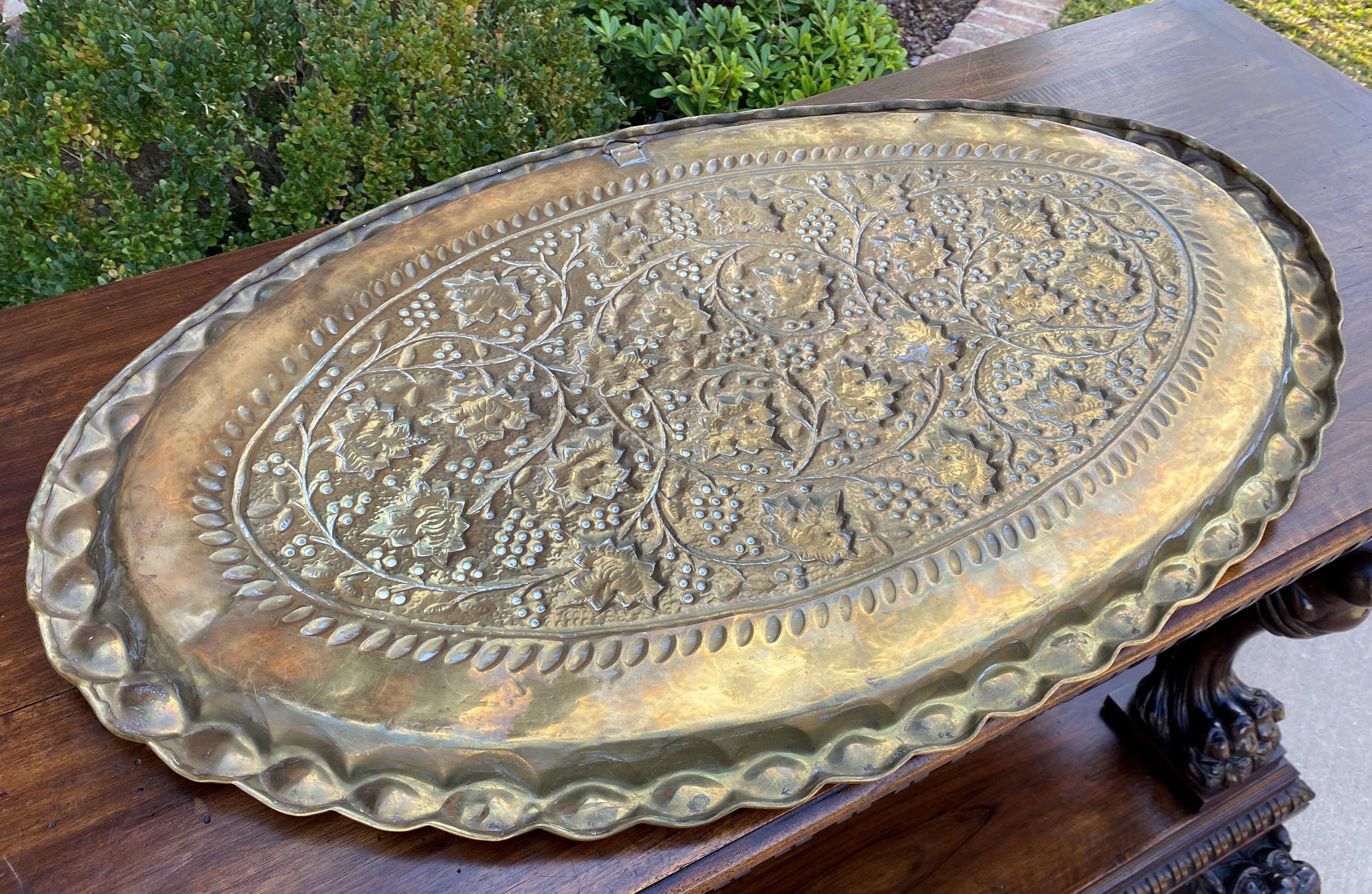 Antique English Brass Serving Tray Platter Oval Grape Leaves Hanging 1930s For Sale 11