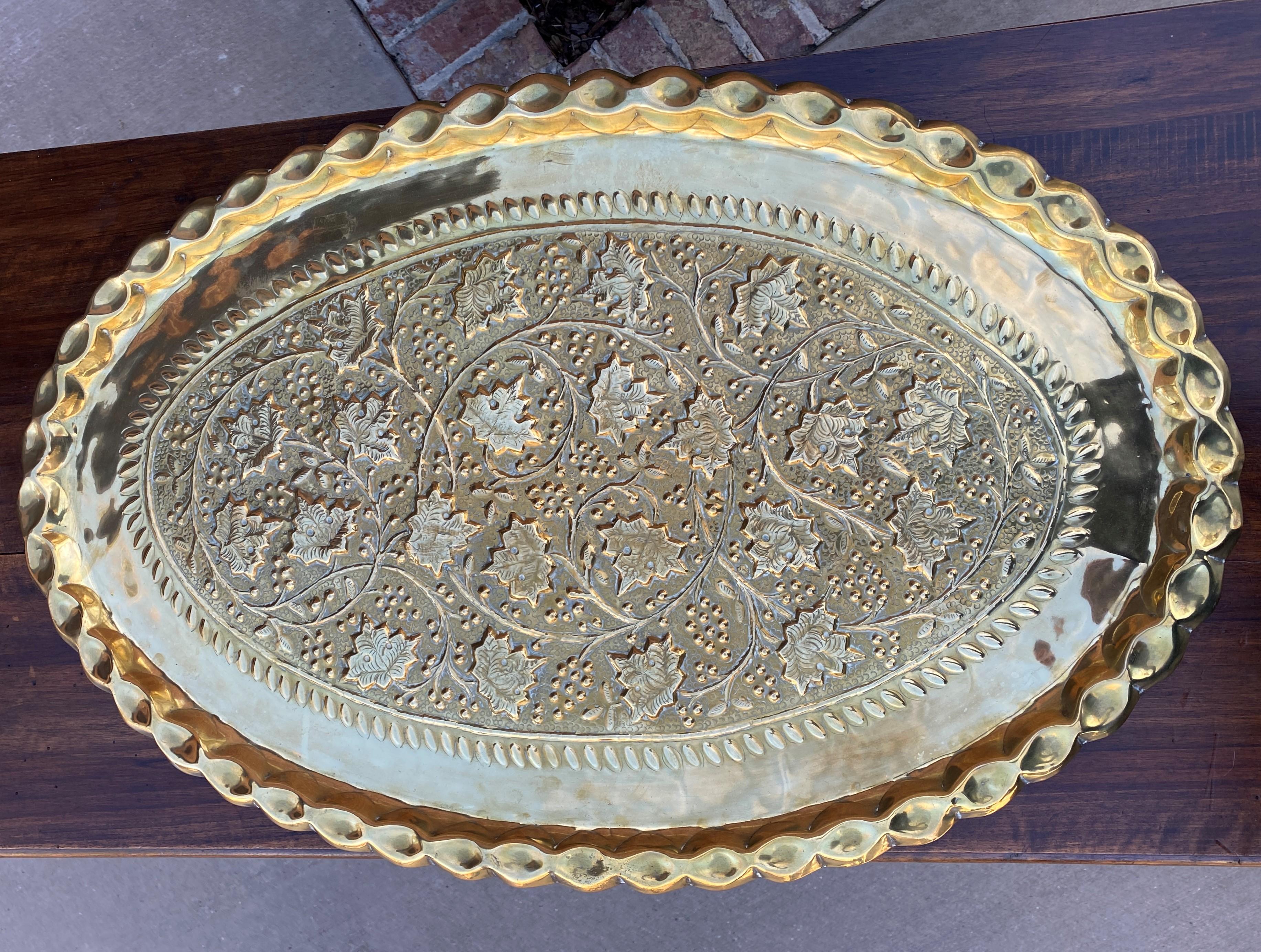 Arts and Crafts Antique English Brass Serving Tray Platter Oval Grape Leaves Hanging 1930s For Sale