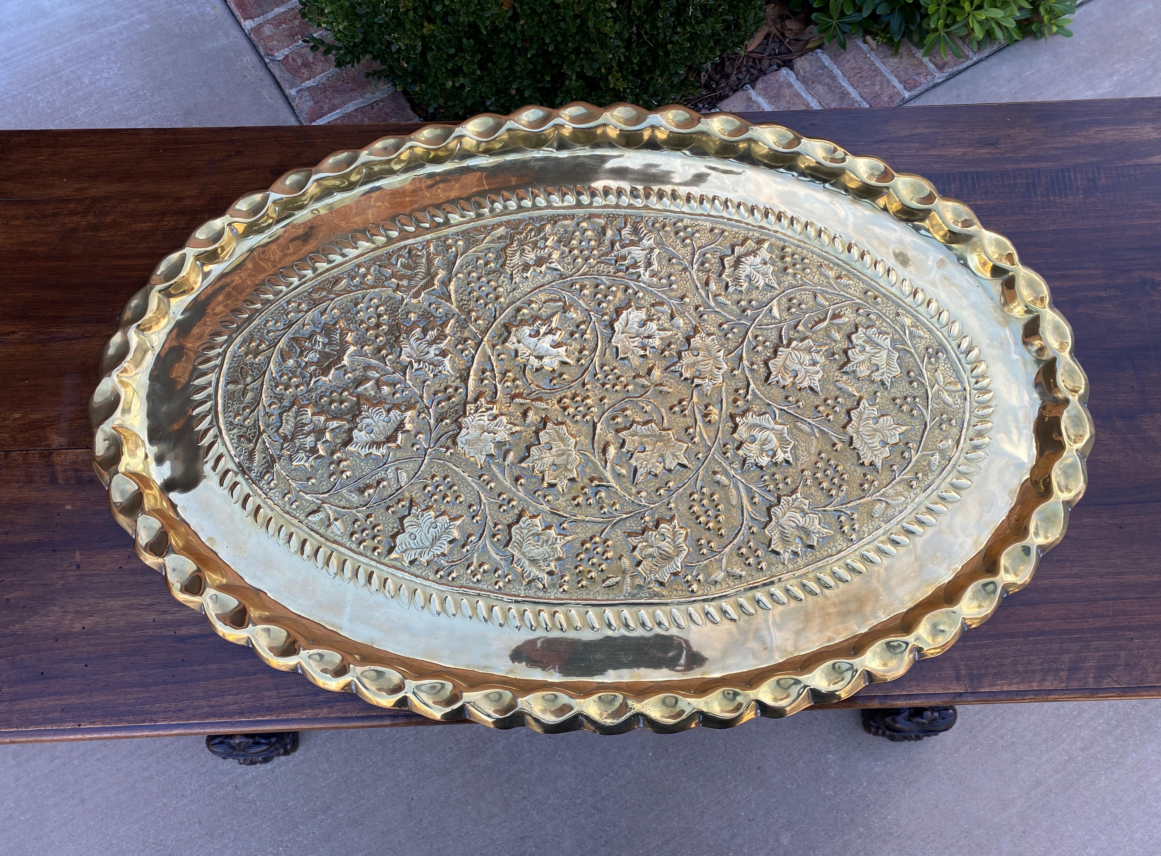 Antique English Brass Serving Tray Platter Oval Grape Leaves Hanging 1930s For Sale 1