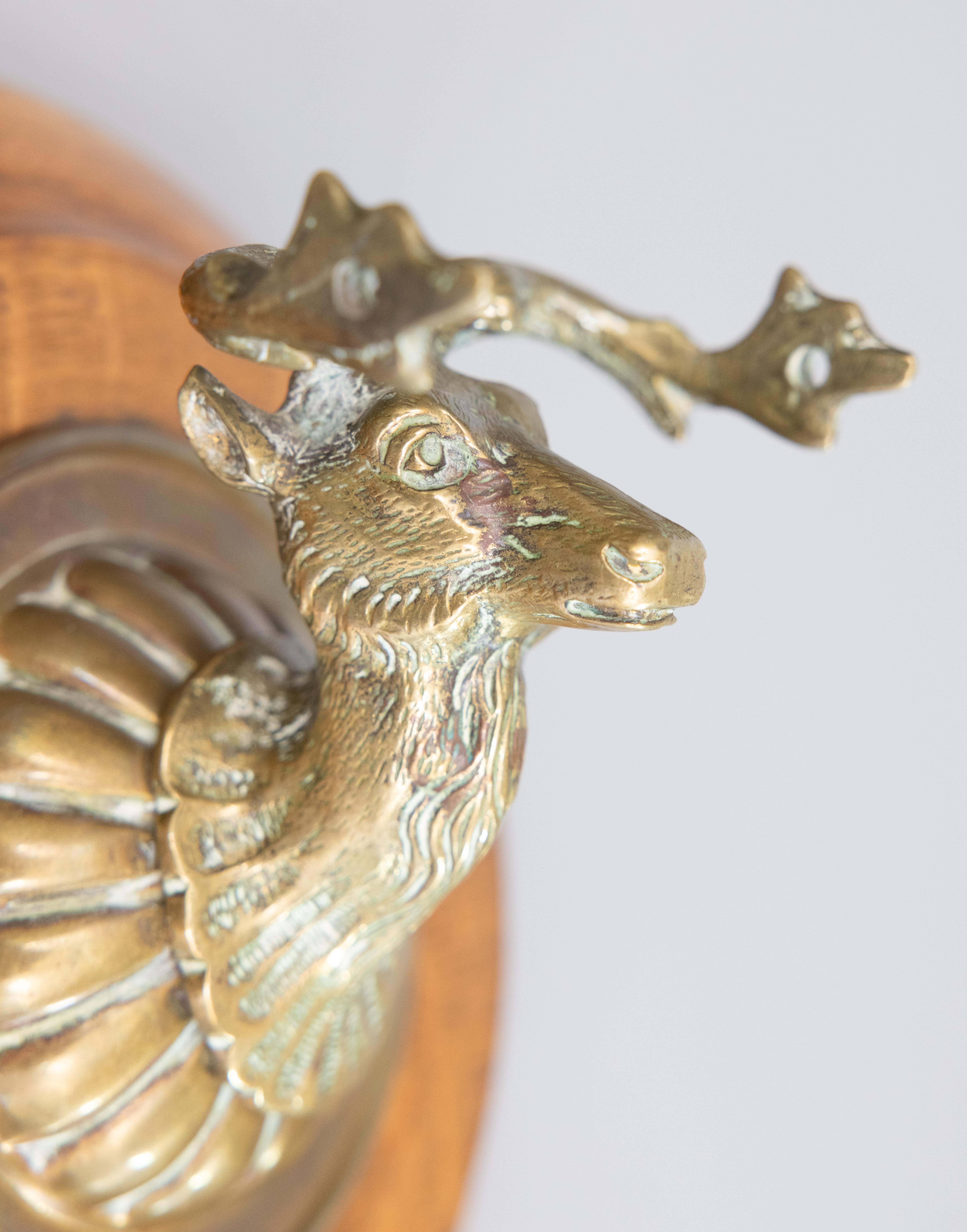 Laiton Ancienne applique murale en laiton en forme d'élan de cerf sur plaque en Oak, circa 1900 en vente