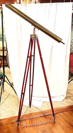 Antique English Brass Telescope Mounted on Wooden Stand, Circa 1880.