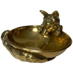 Antique English Brass Vide Poche / Dish, Fox with Glass Eyes, circa 1890