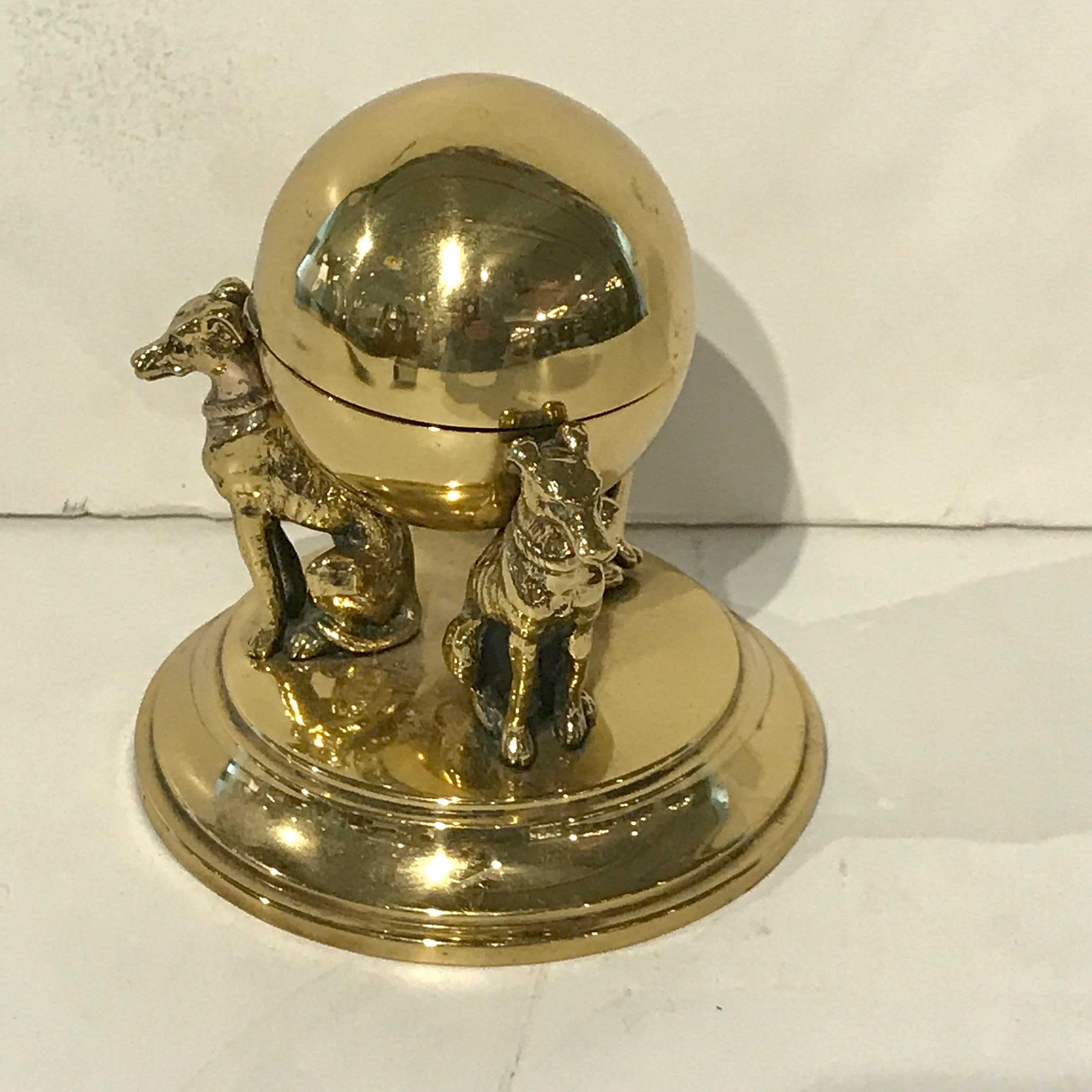 19th Century Antique English Brass Whippet Motif Inkwell