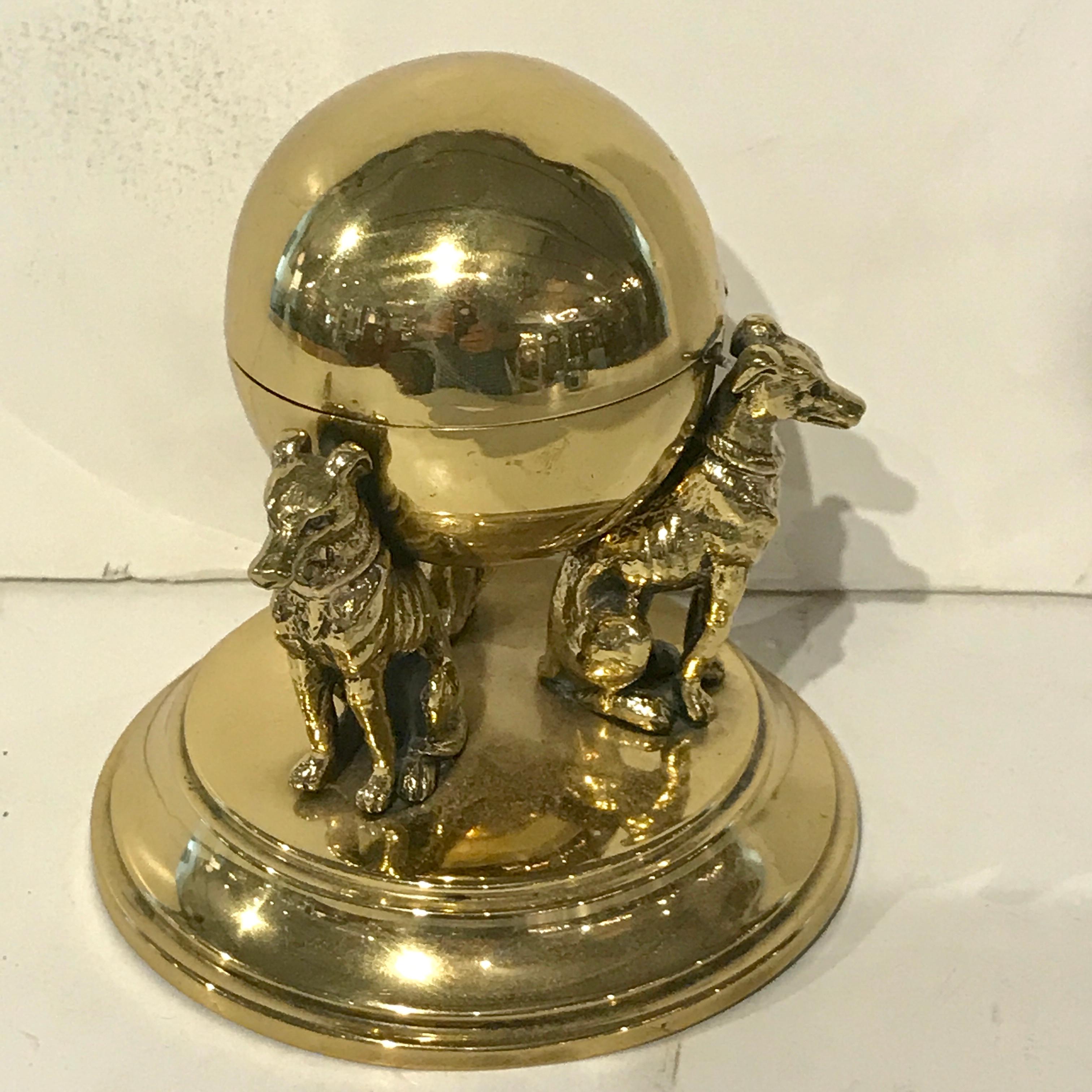 Antique English Brass Whippet Motif Inkwell 2
