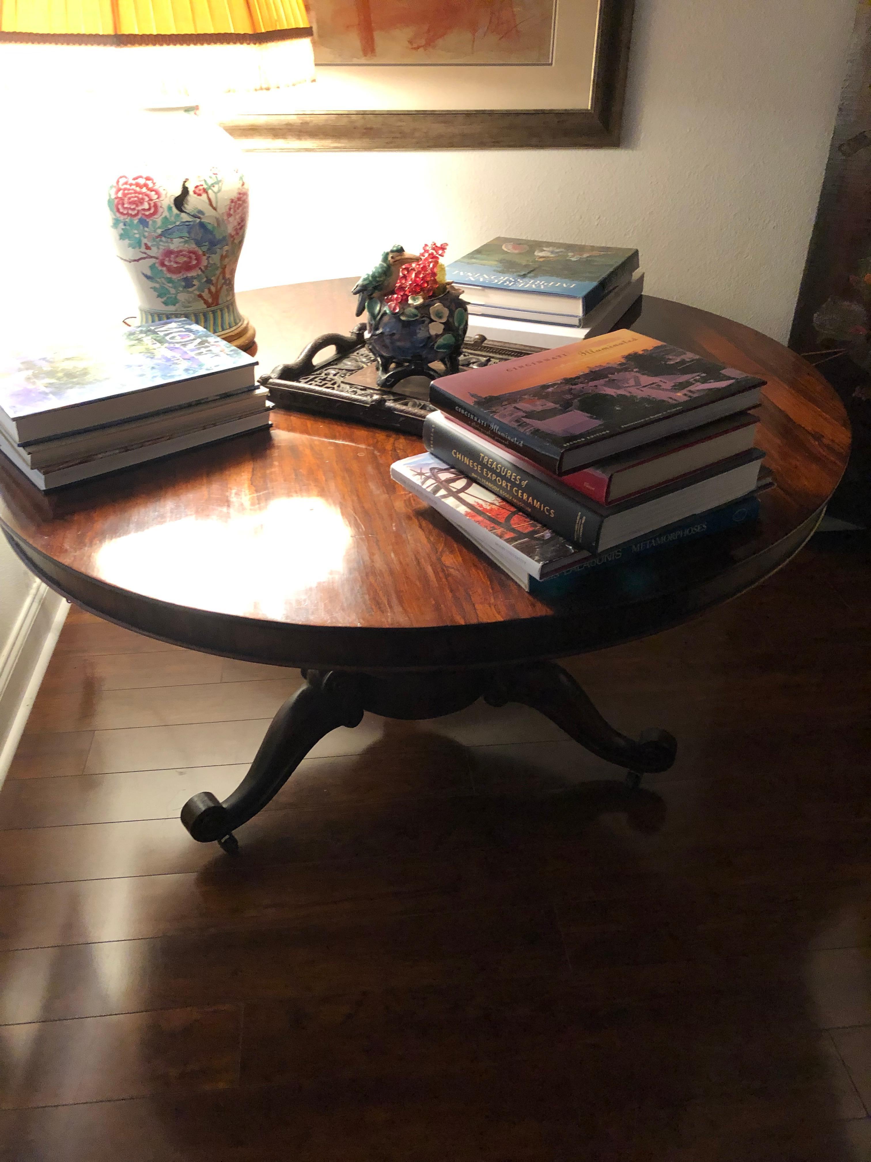 The Antique English Tilt Top Breakfast Table is also a pedestal table. Hand made of Mahogany. Note the 2 pieces of wood on the top (from very old trees) butterflied with tripod base and bird cage to the upper pedestal original brass casters Circa