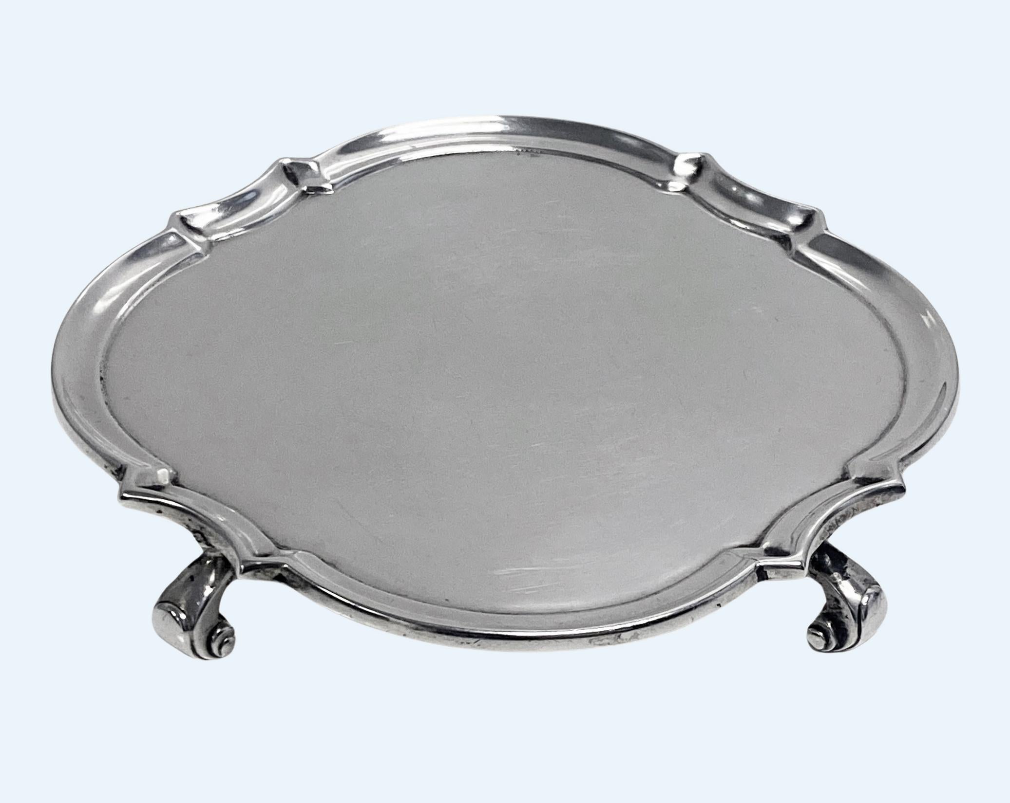 Antique English Britannia Standard (0.950) Silver Salver Tray, Crichton London 1923. The square shaped salver on four turned supports, plain center, molded shaped border. Full Britannia Standard hallmarks for London 1923 by Crichton. Diameter: 6