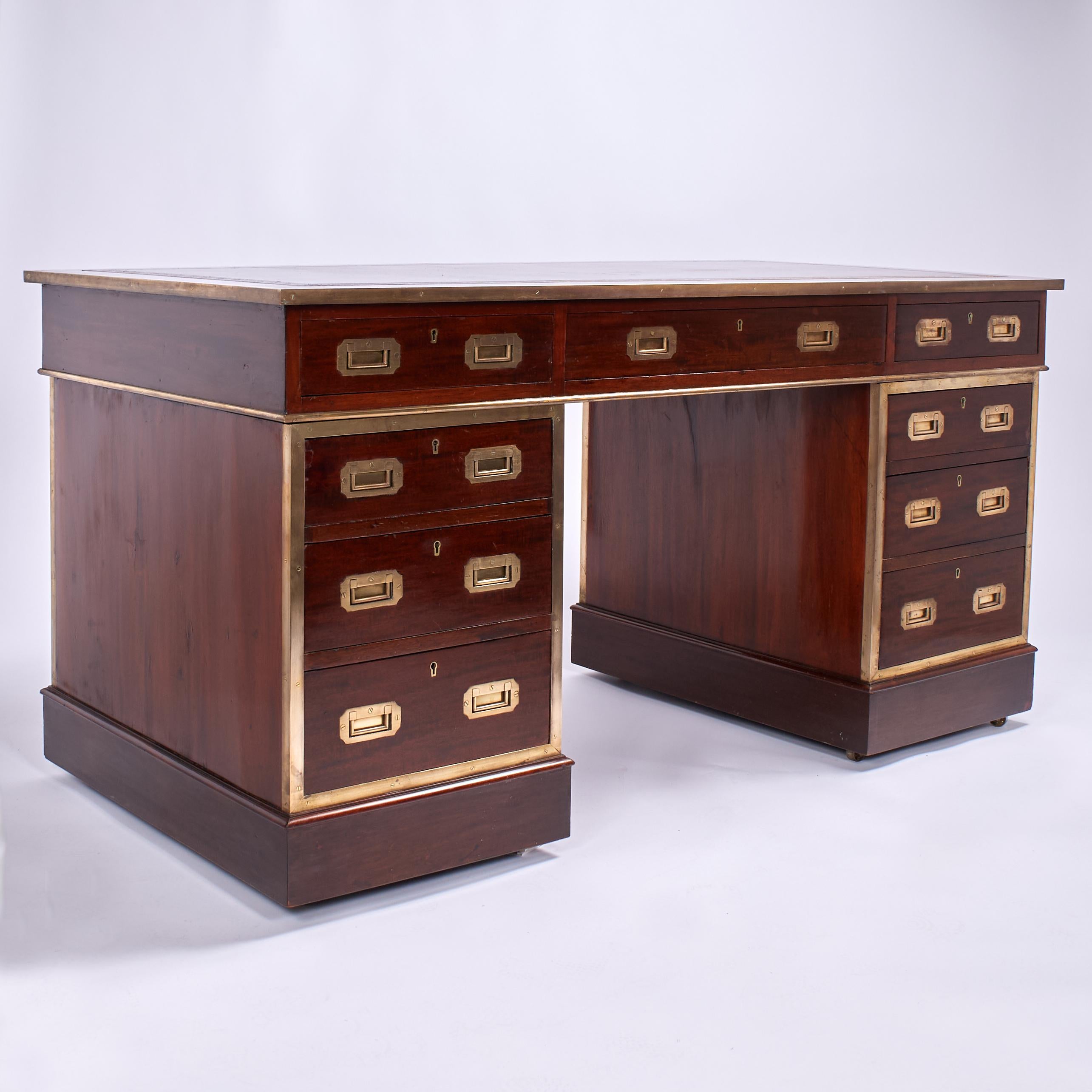 Campaign Antique English British Colonial Leather Top Desk