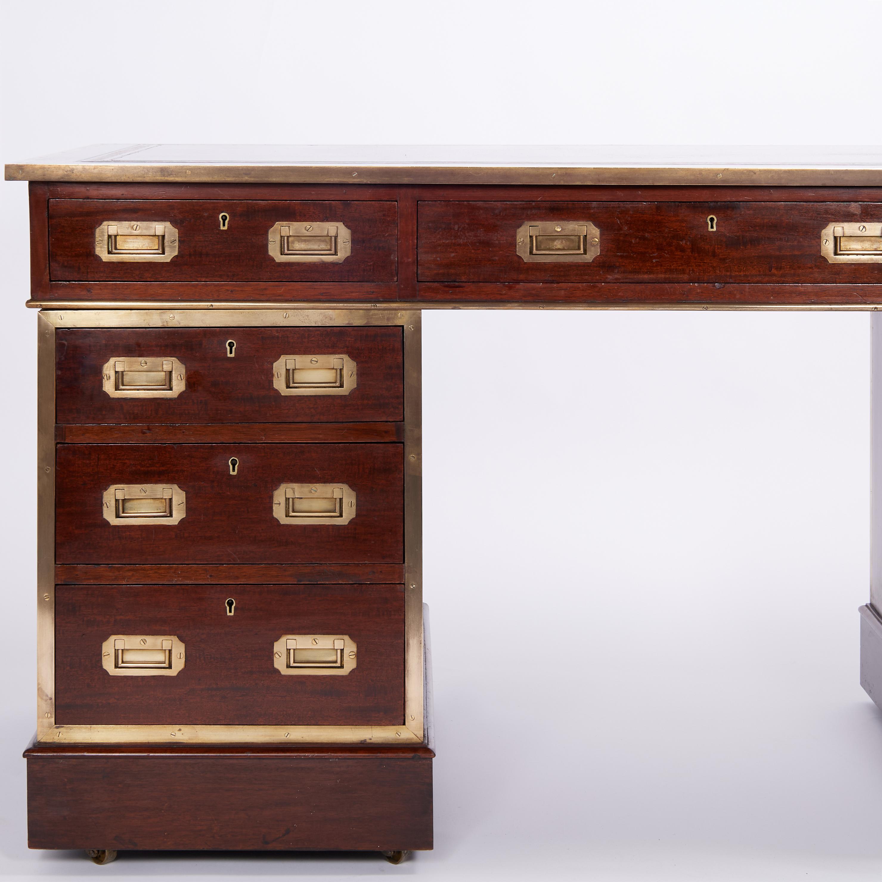 Brass Antique English British Colonial Leather Top Desk
