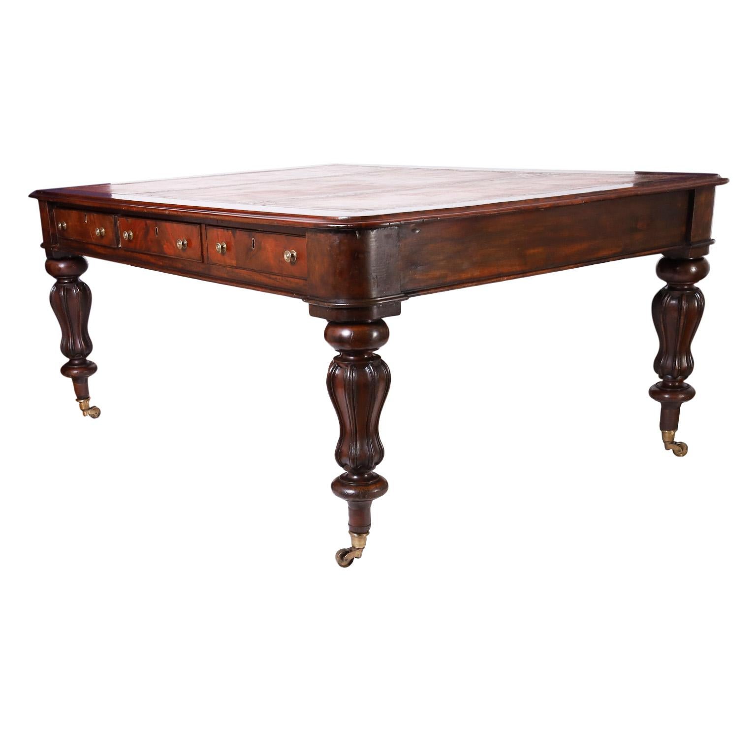 Antique English British Colonial Leather Top Partners Desk In Good Condition In Palm Beach, FL