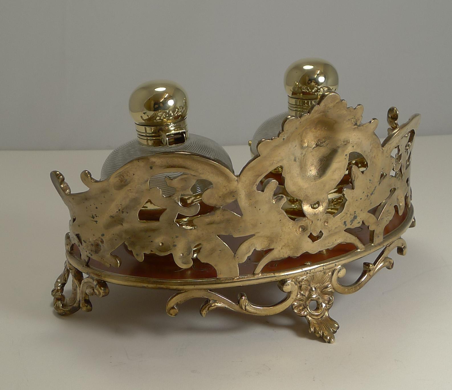 Antique English Bronze, Brass and Glass Inkstand / Inkwell, circa 1870 Victorian For Sale 1