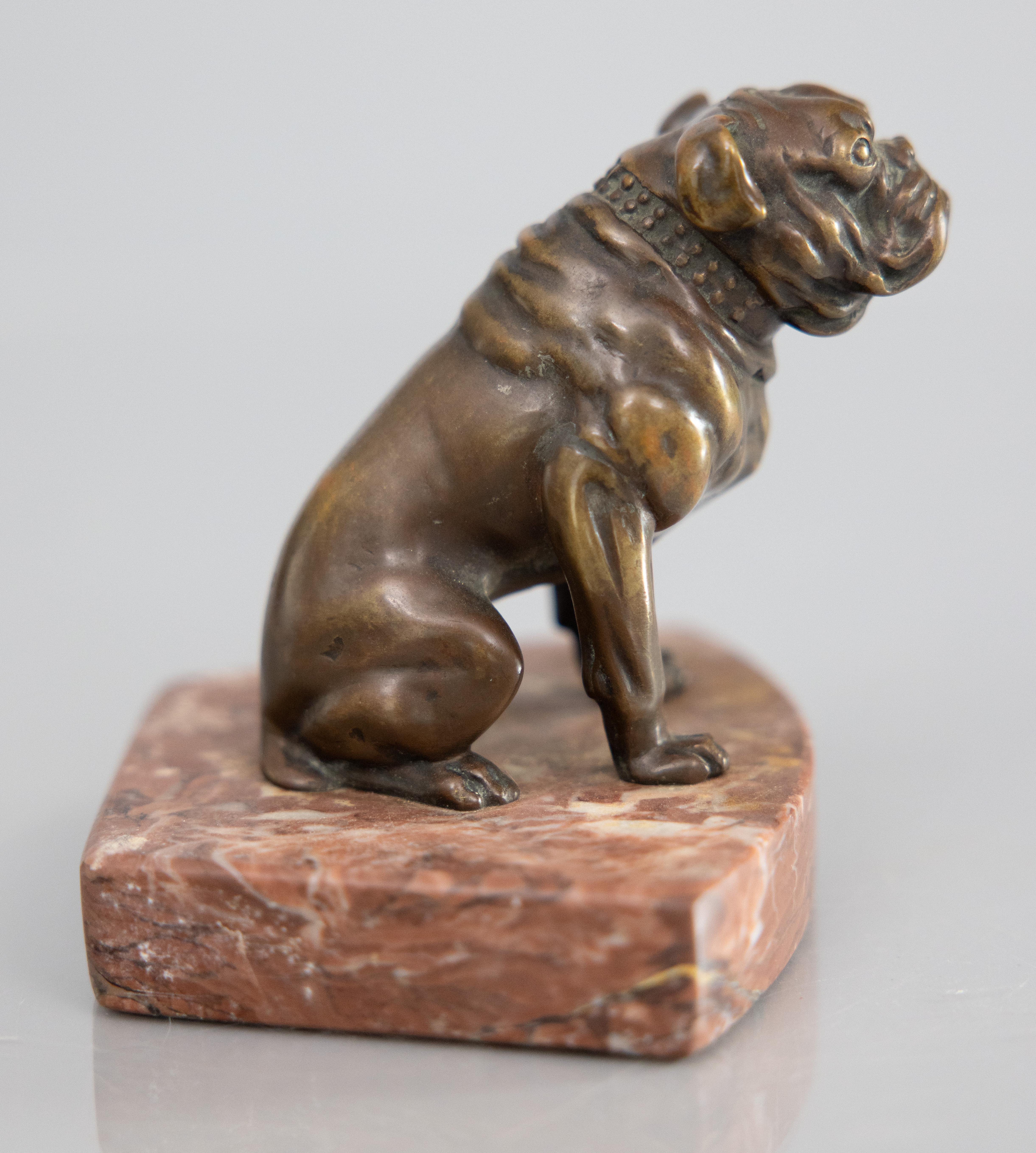 British Antique English Bronze Bulldog Sculpture Paper Weight on Marble Base For Sale