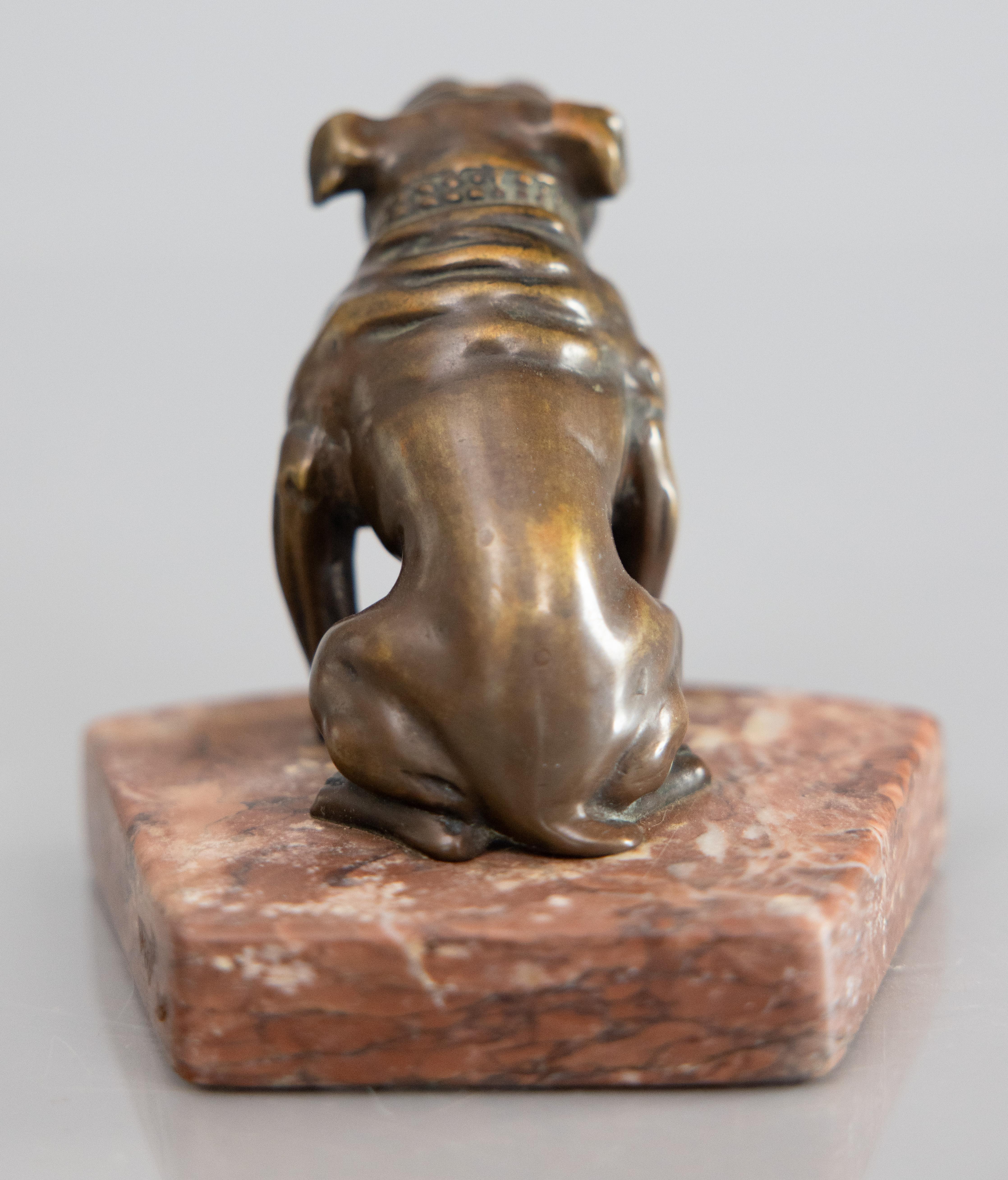Cast Antique English Bronze Bulldog Sculpture Paper Weight on Marble Base For Sale