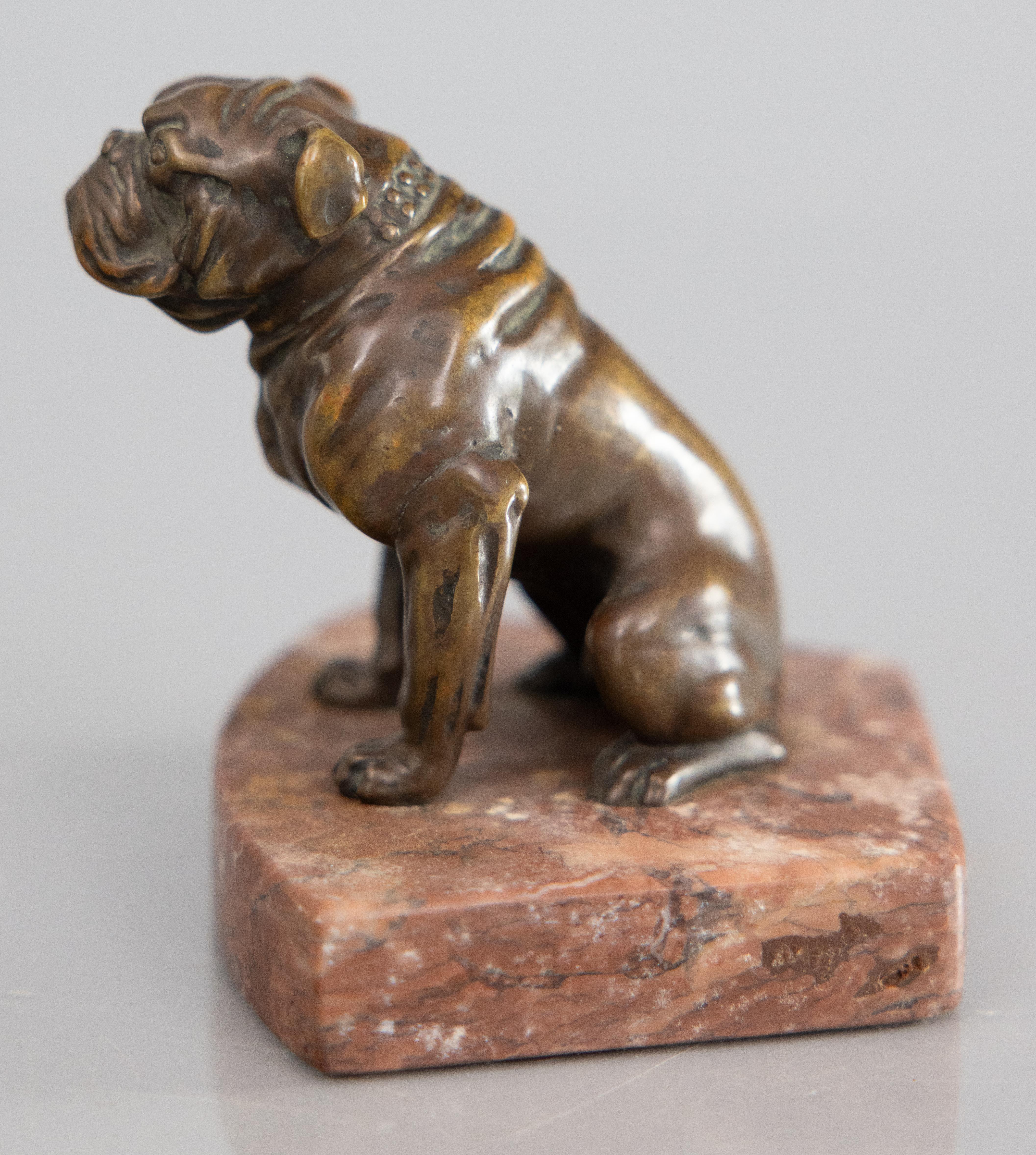 Antique English Bronze Bulldog Sculpture Paper Weight on Marble Base In Good Condition For Sale In Pearland, TX